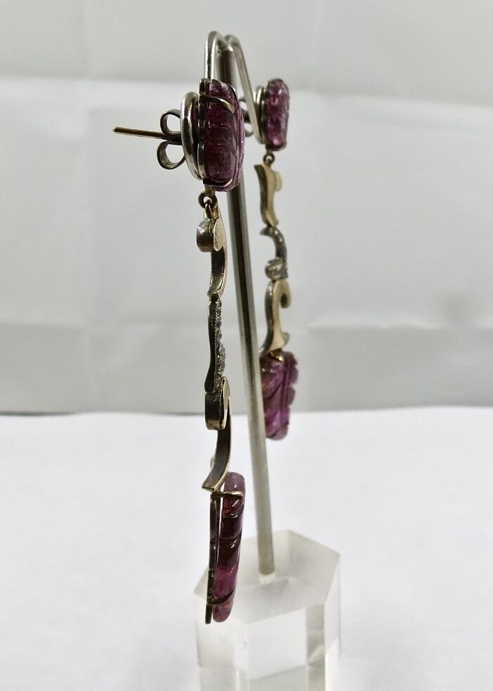 Estate Pink Tourmaline Carved Diamond 18K Gold Silver Victorian Dangle Earring