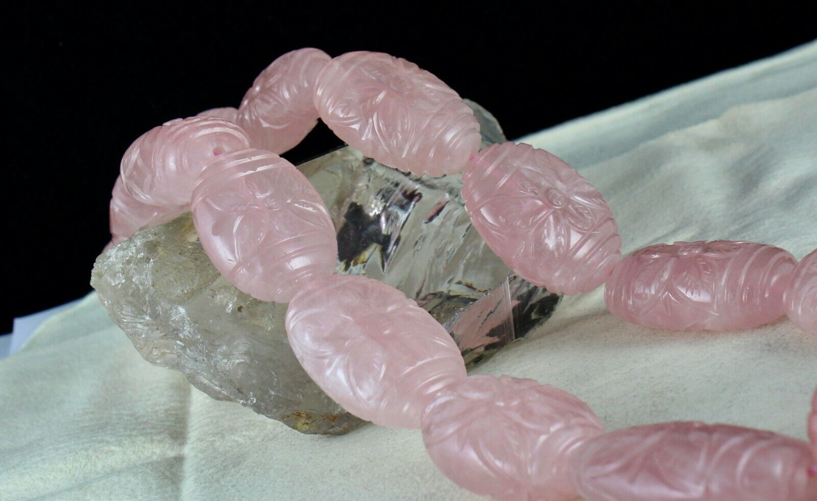 RARE BIG NATURAL ROSE QUARTZ CARVED BEADS 2027 CARATS GEMSTONE SILVER NECKLACE