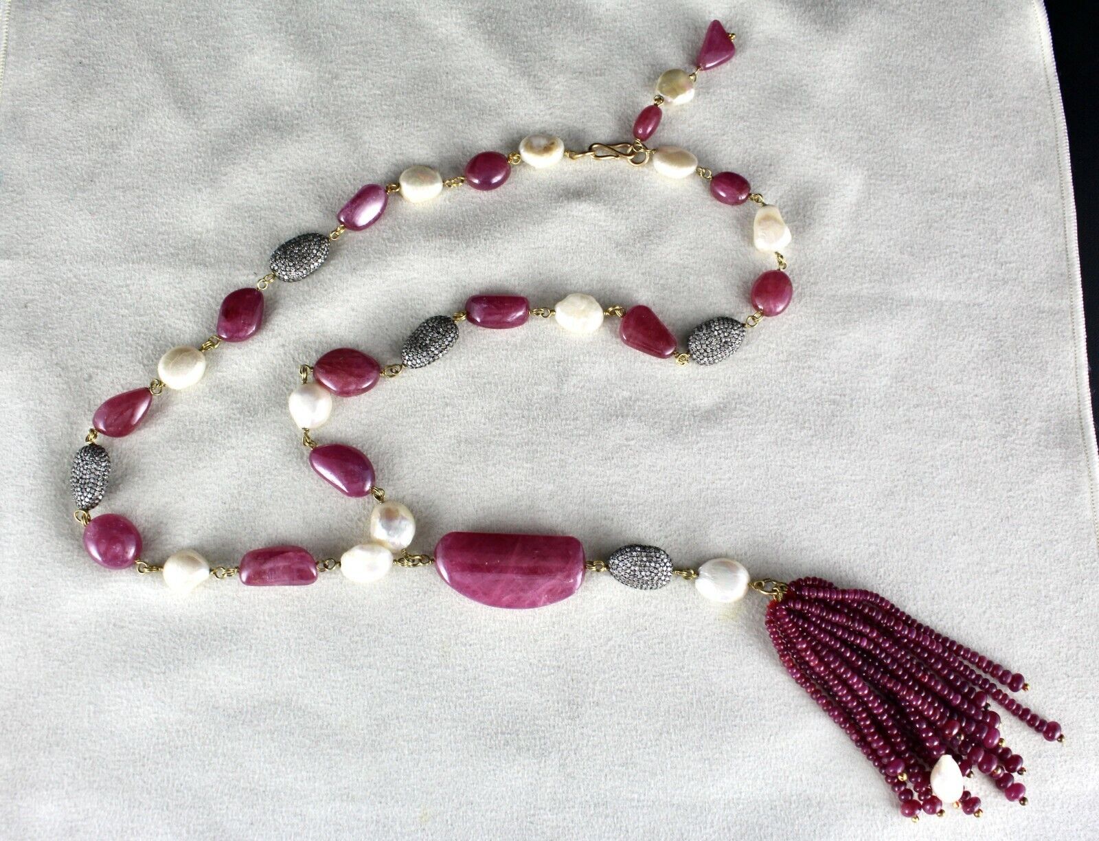 Certified Natural RUBY Nugget PEARL DIAMOND Bead Statement Necklace 18K Gold Set