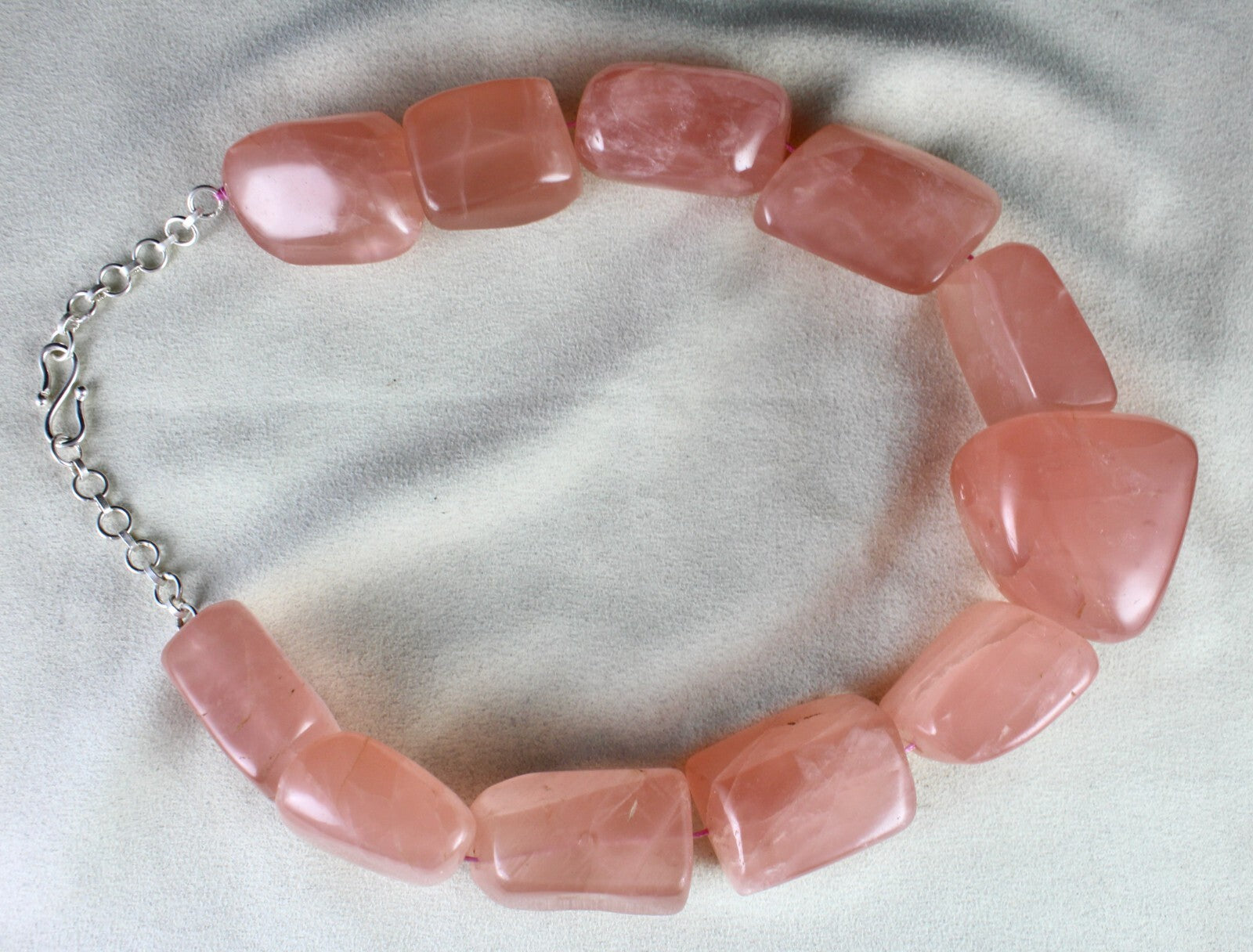 Certified Natural Rose Quartz Tumble Beads Necklace 2597 Ct Sterling Silver