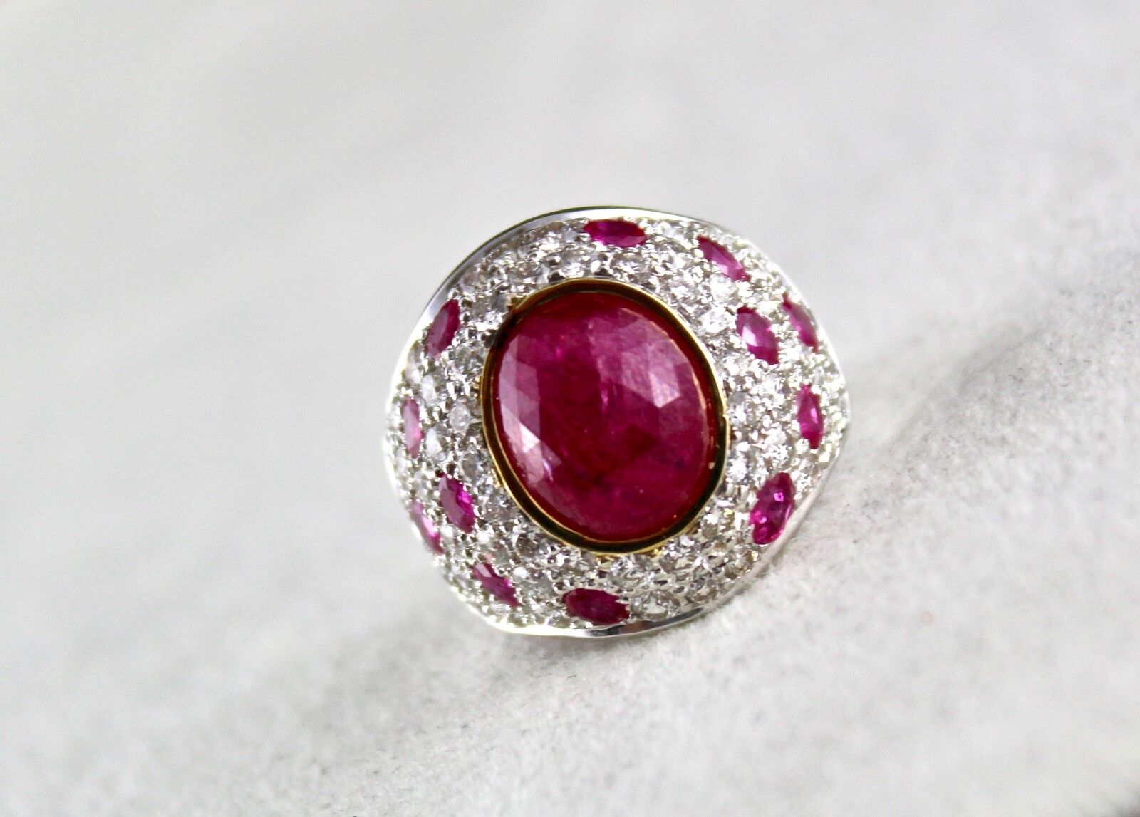 NATURAL NO HEAT BURMESE RUBY CABOCHON WHITE DIAMOND 18K GOLD COLLECTOR RING