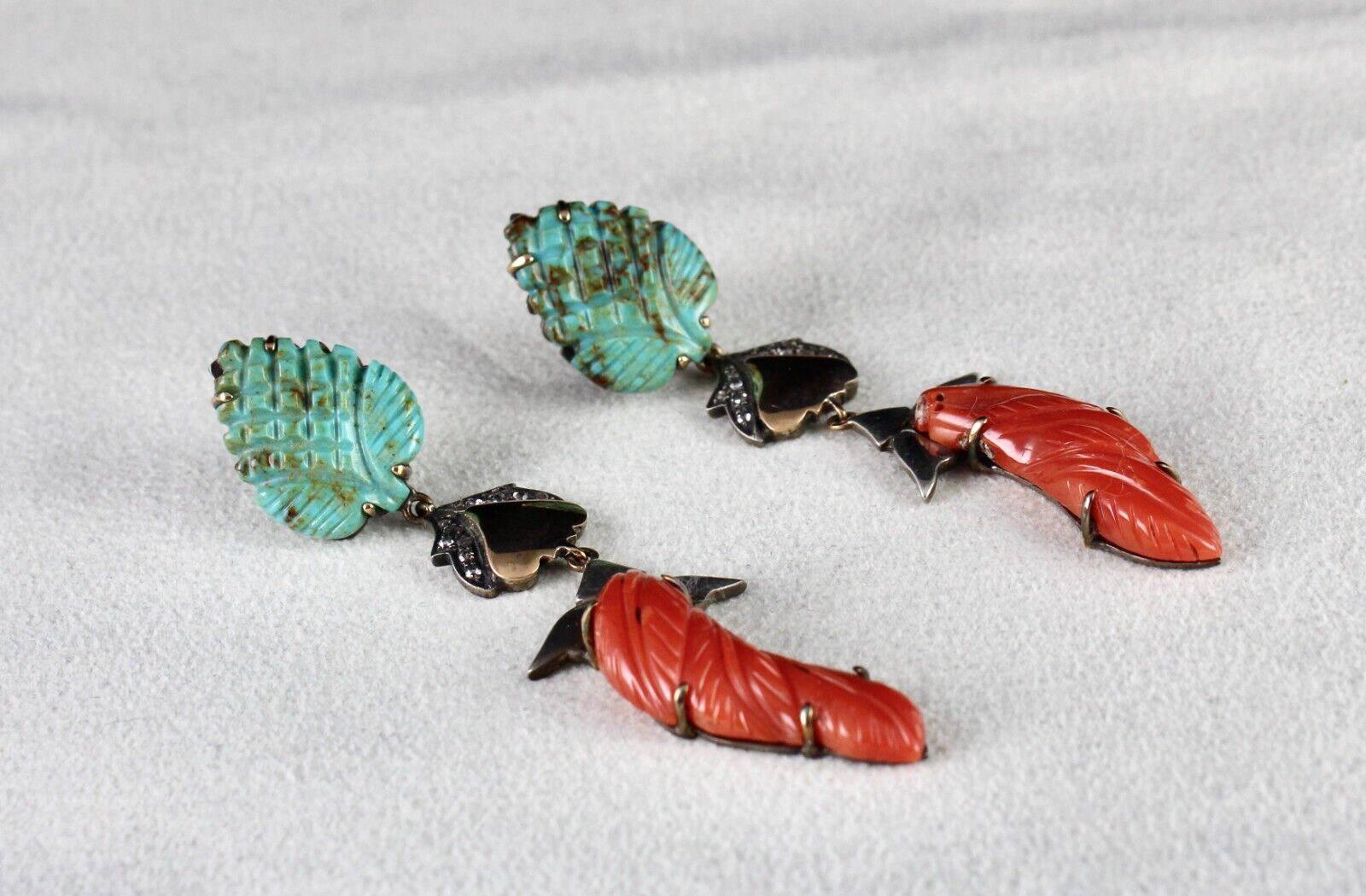 NATURAL TURQUOISE CORAL CARVED DIAMOND 18K GOLD 925 SILVER VICTORIAN EARRING