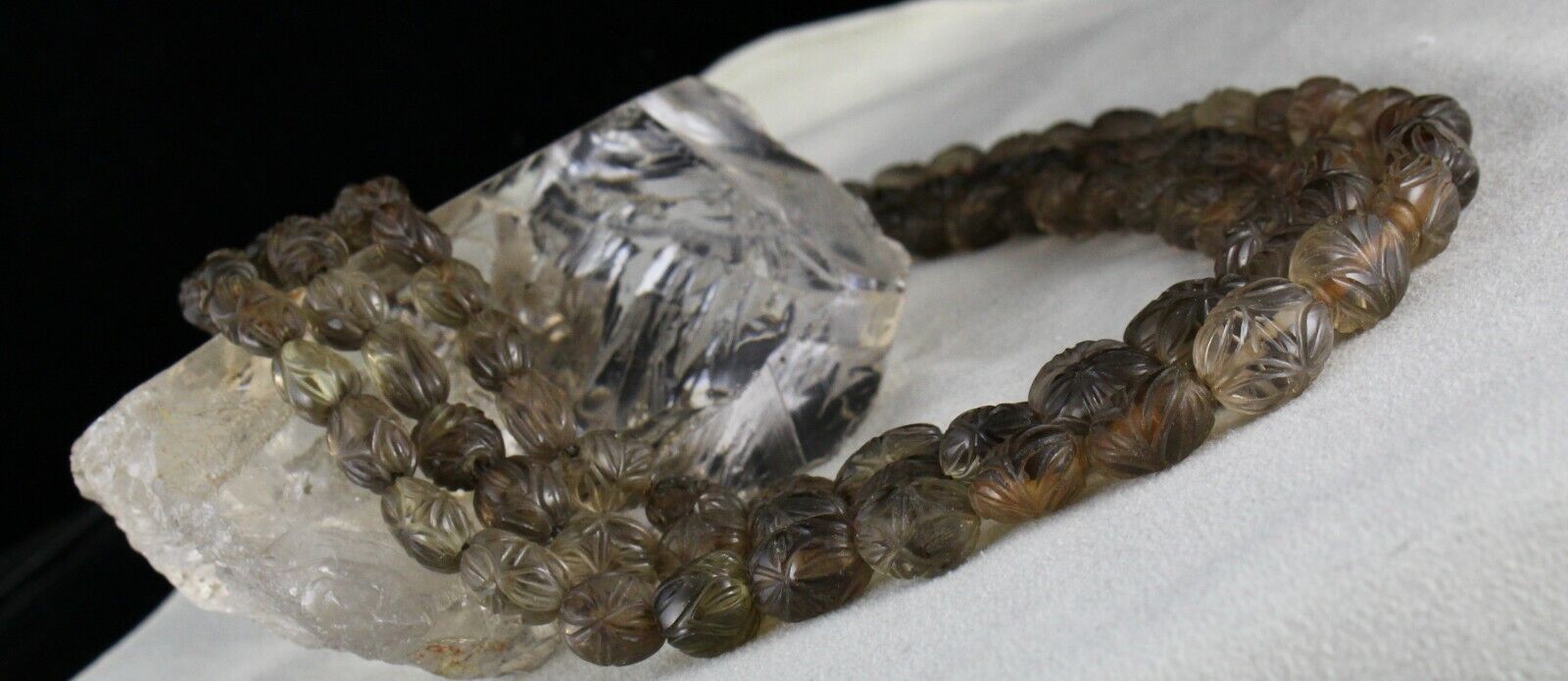NATURAL SMOKY QUARTZ BEADS CARVED MELON 3 LINE 746 CARATS GEMSTONE NECKLACE