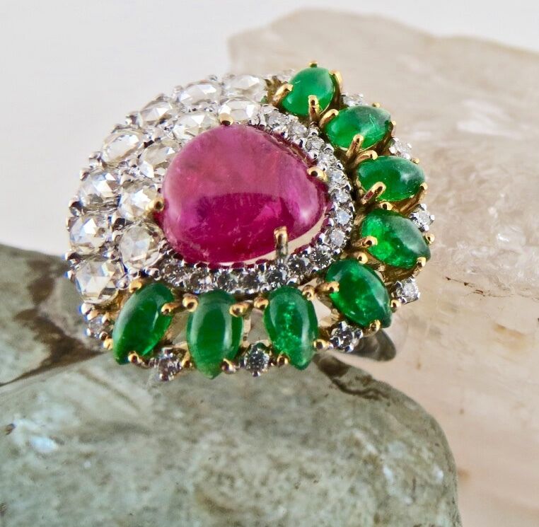 Natural Burma Ruby Zambia Emerald Cabochon White Diamond 18K Gold Statement Ring