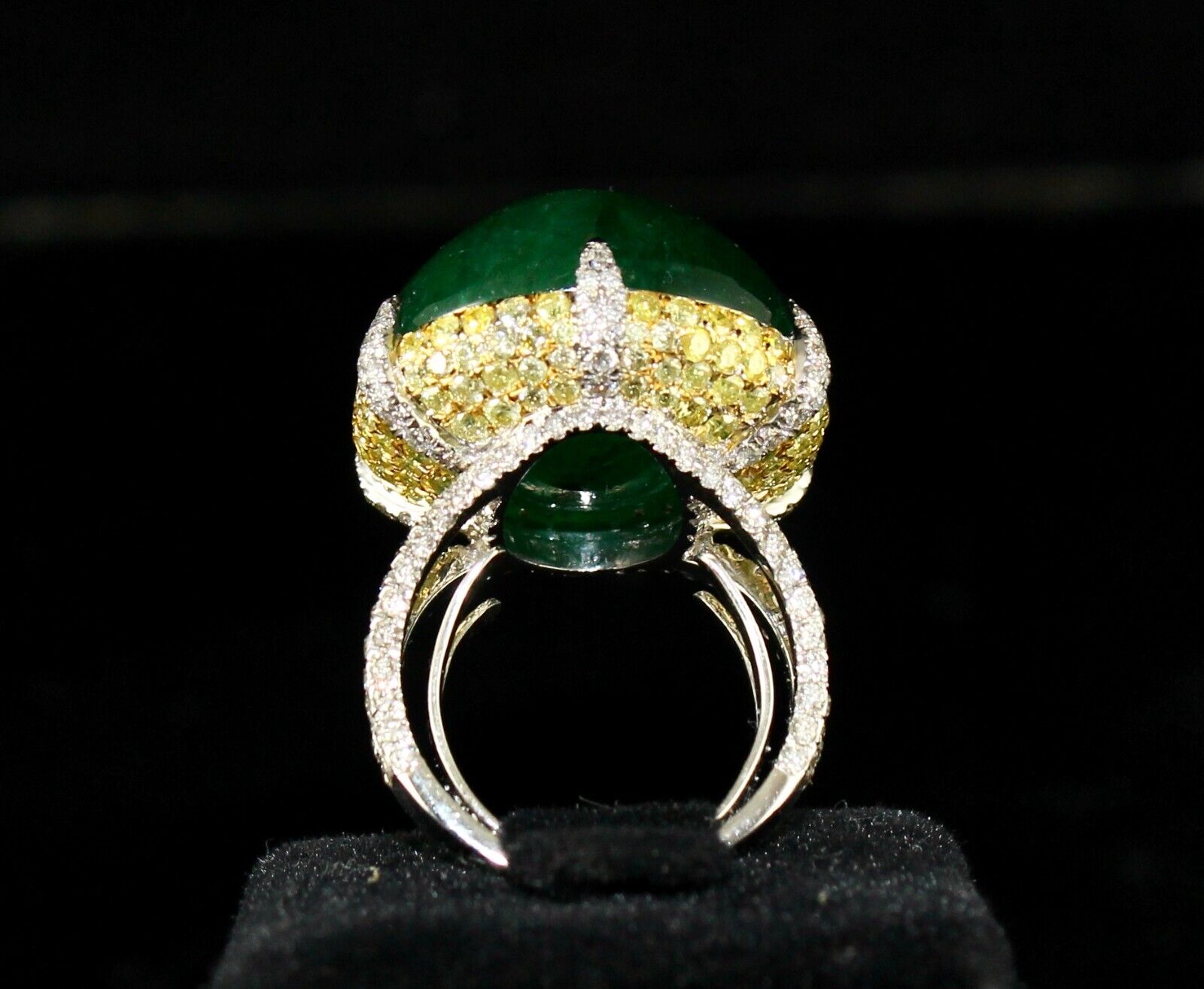 Natural Zambian Emerald Cabochon Yellow Diamond 18K Gold Gemstone Statement Ring