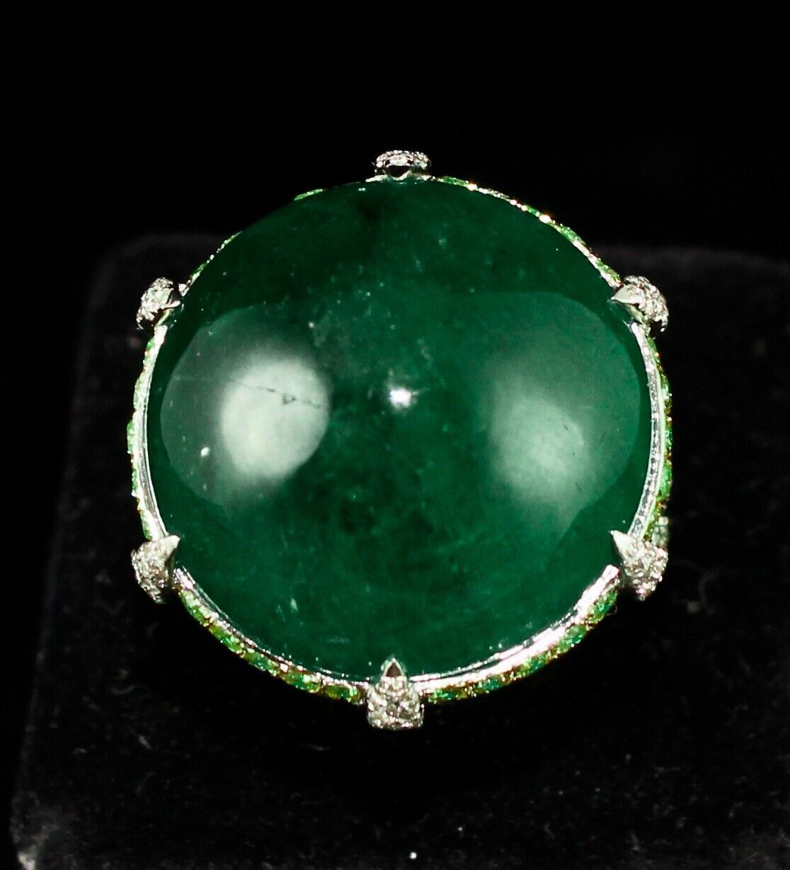 Natural Zambian Emerald Cabochon Yellow Diamond 18K Gold Gemstone Statement Ring