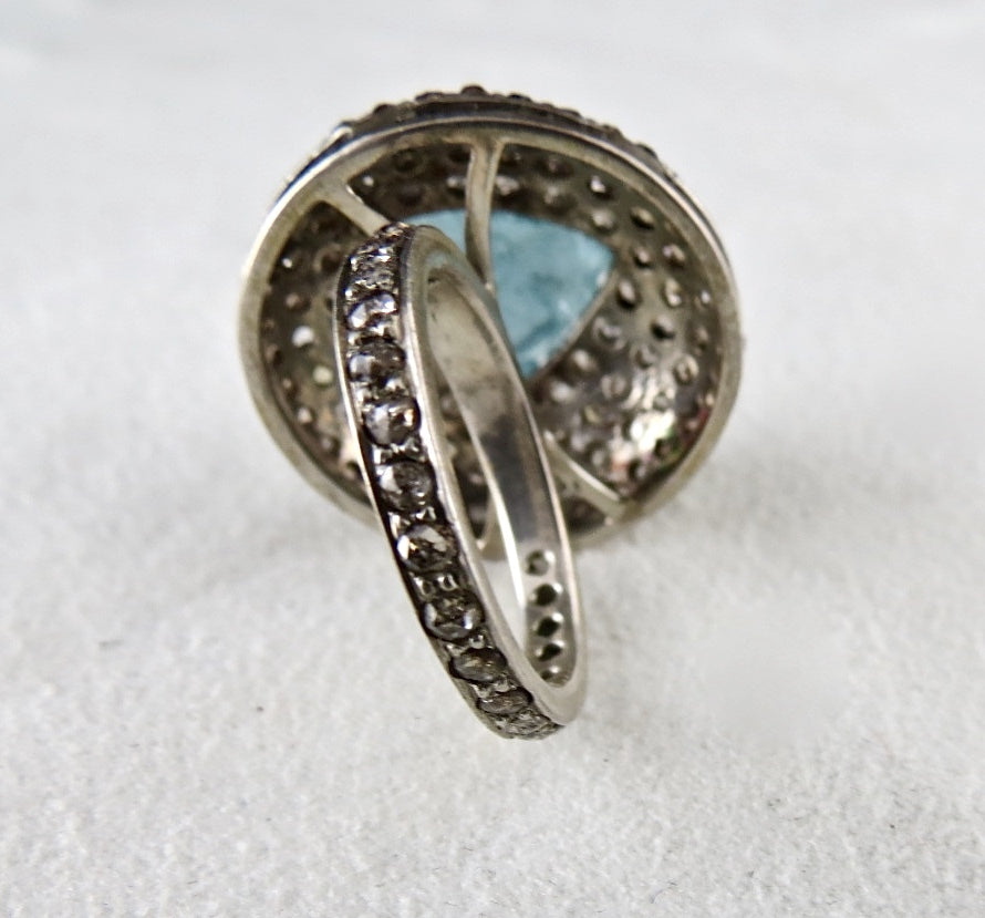 Victorian Sterling Silver Blue Aquamarine 10.00ct Natural Diamond Ring For Women
