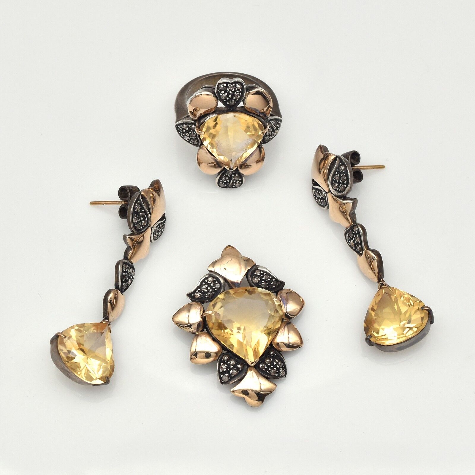 Natural Yellow Citrine Diamond 18K Gold 925 Silver Victorian Earring Pendant Set