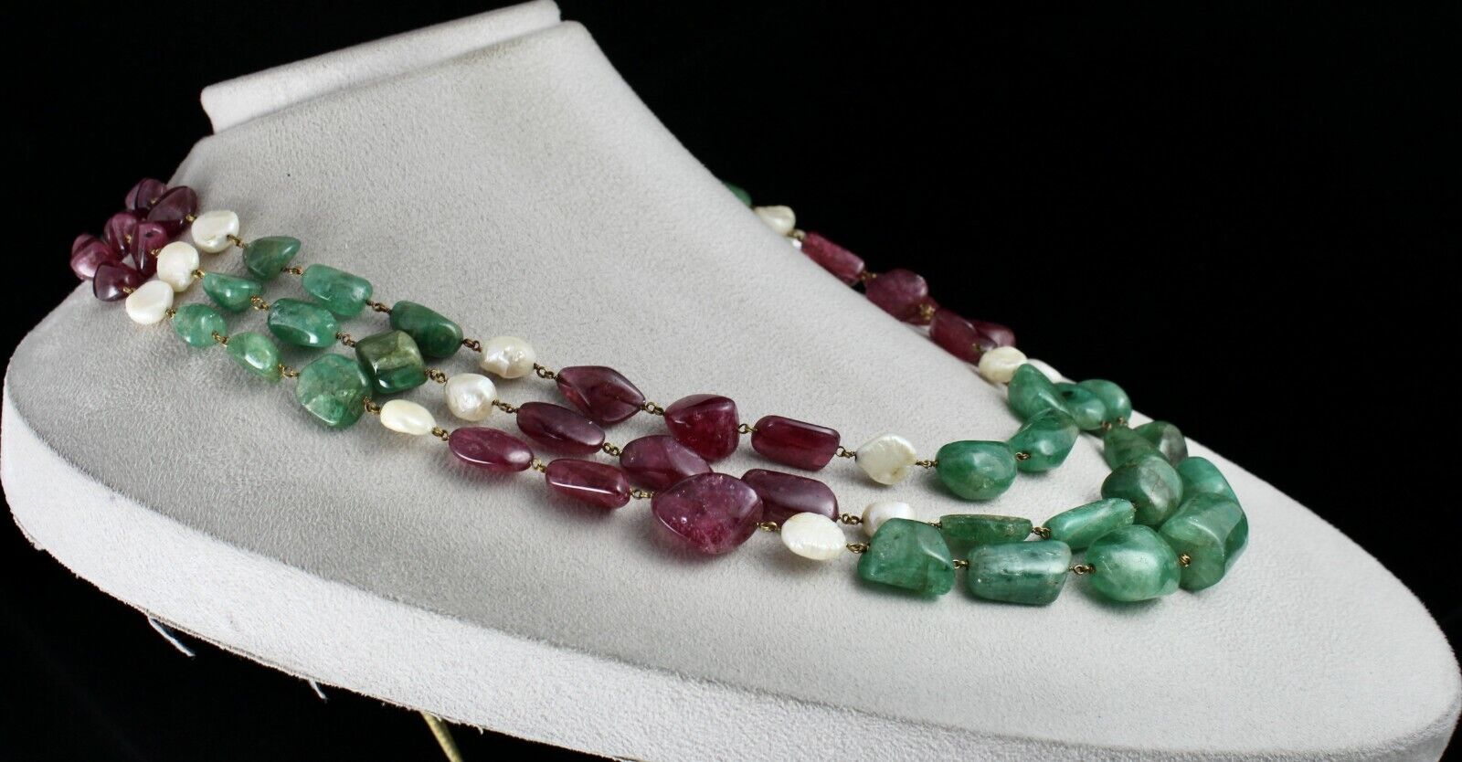 NATURAL EMERALD PINK TOURMALINE BEADS 940 CARATS PEARL 18K GOLD LADIES NECKLACE