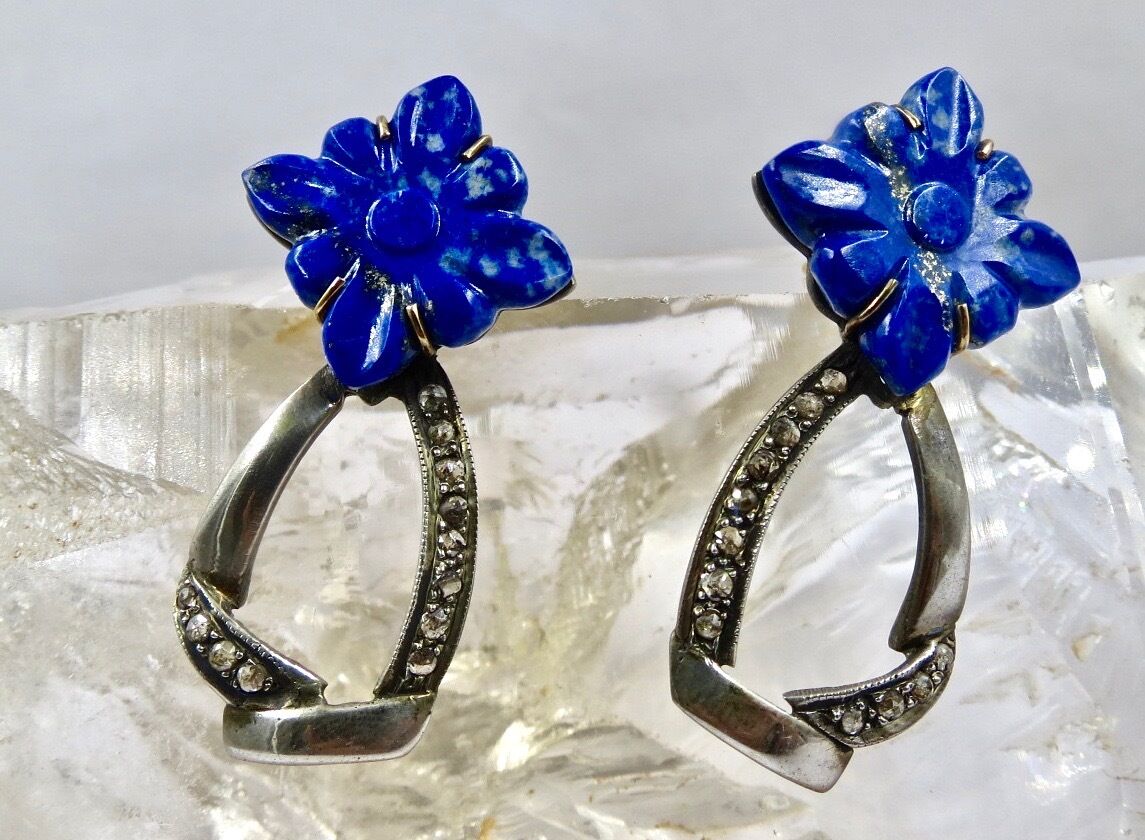 Natural Lapis Lazuli Carved Flower Diamond 18K Gold Silver Victorian Earring