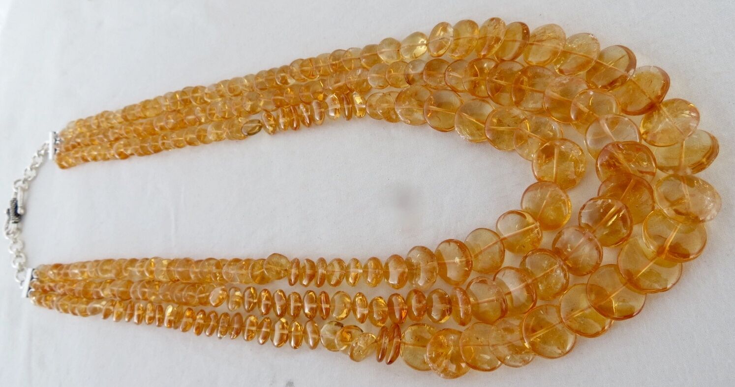 Natural Citrine Beads Round Fancy 3 L 530 Ct Gemstone Silver Designer Necklace