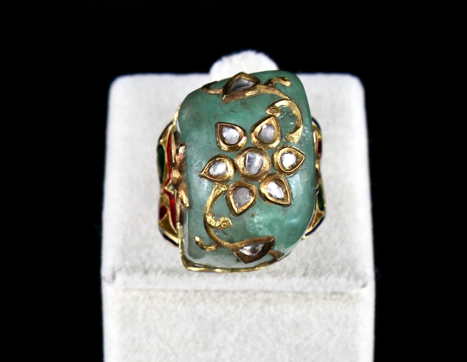 Antique Natural Colombian Emerald 10ct Diamond Kundan Meena Jadau Certified Ring