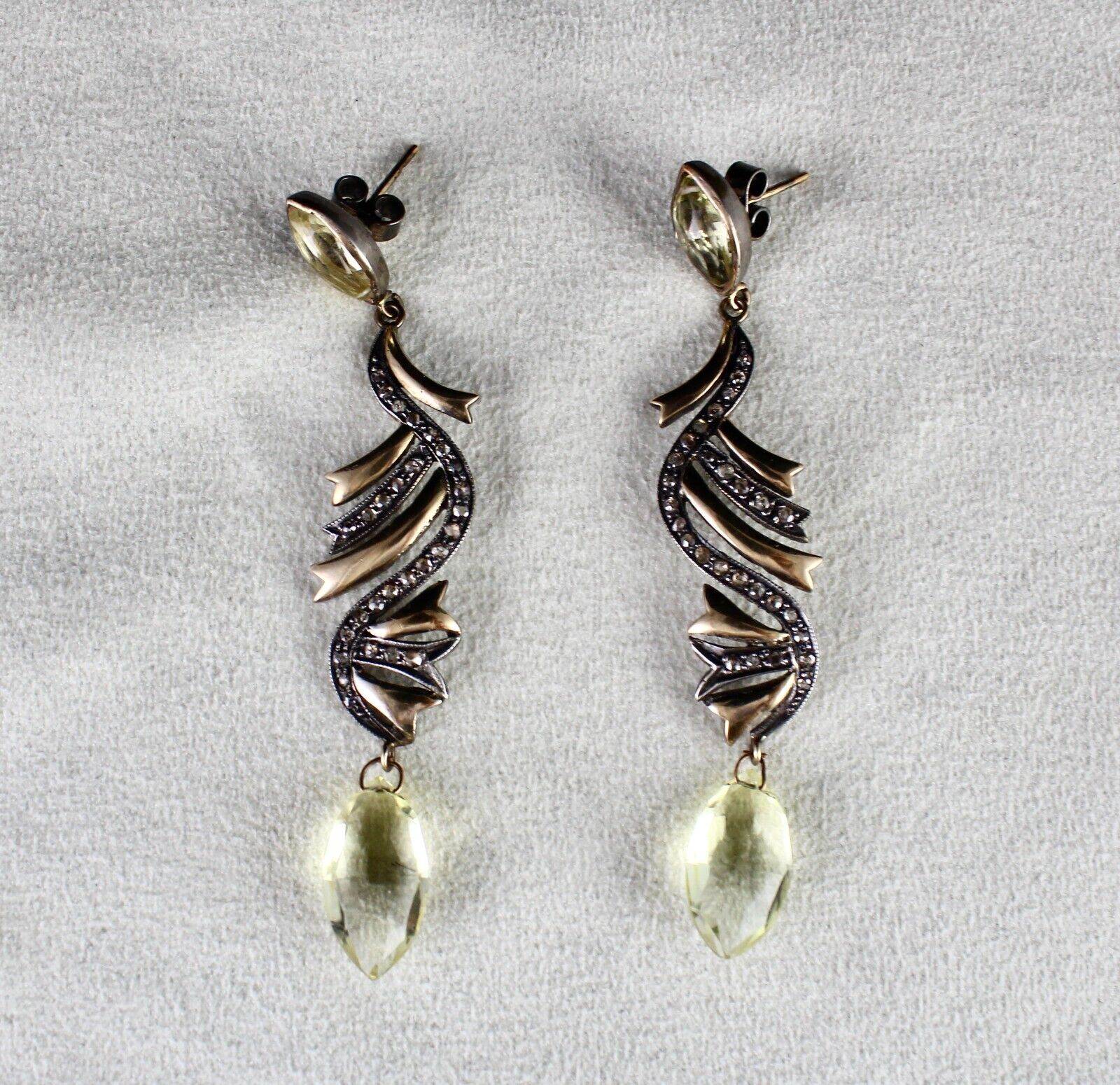 NATURAL LEMON QUARTZ TEAR DROPS DIAMOND 18K GOLD 925 SILVER VICTORIAN EARRING