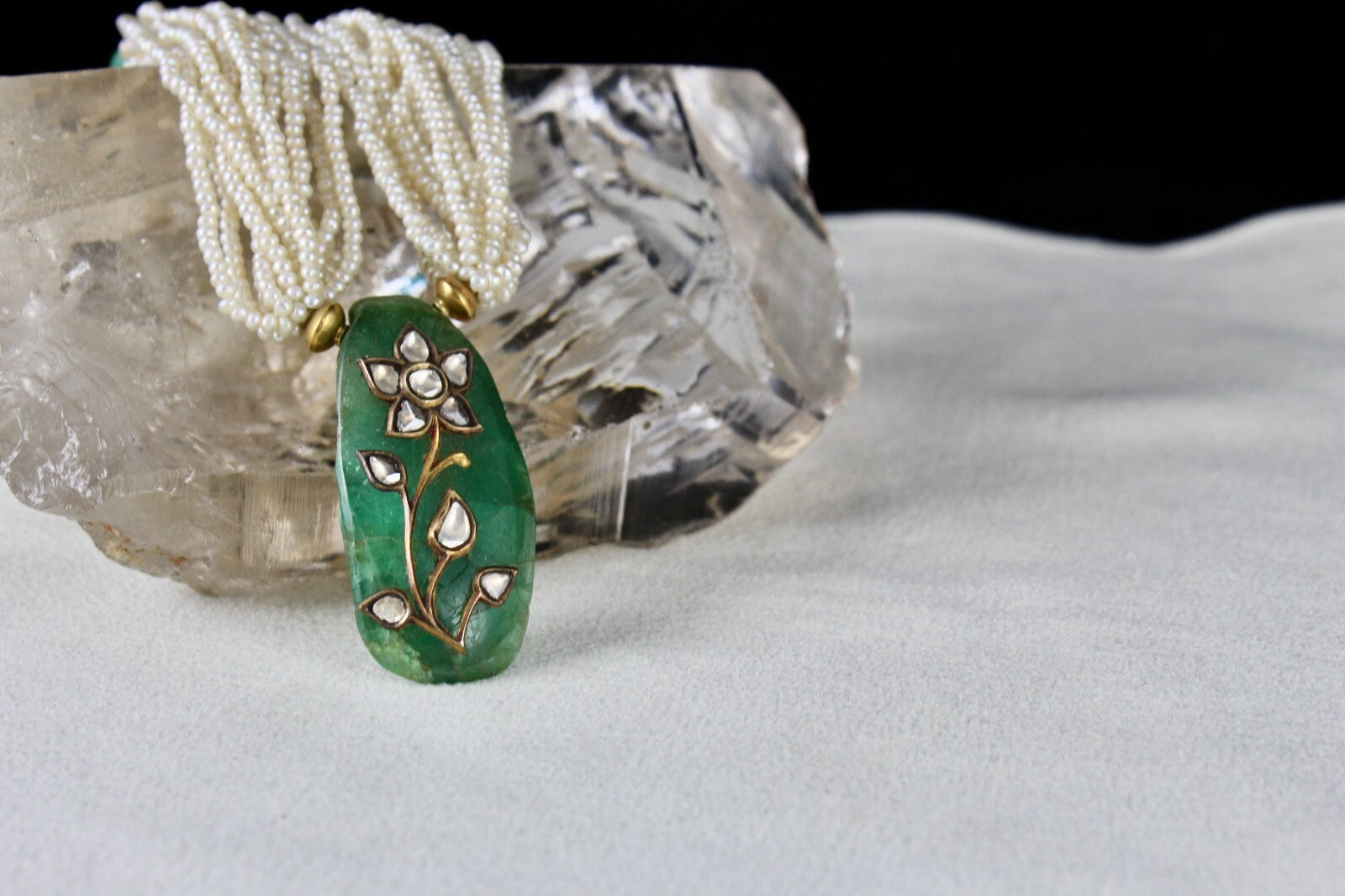 Certified Natural Emerald Cabochon 55ct Jadau Diamond 22k Gold Pearl Necklace