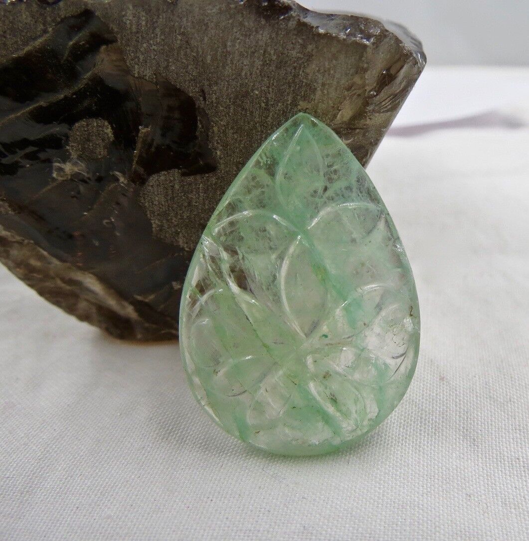 NATURAL GREEN COLOR EMERALD QUARTZ CARVED PEAR 3 PCS 67.85 CTS GEMSTONE
