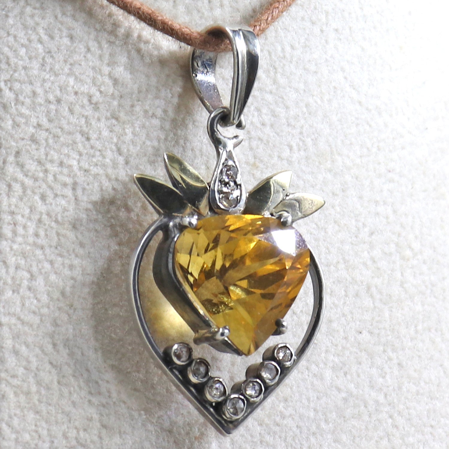 Natural Citrine Heart Cut Diamond 18k Gold Sterling Silver Pendant 0.42ct