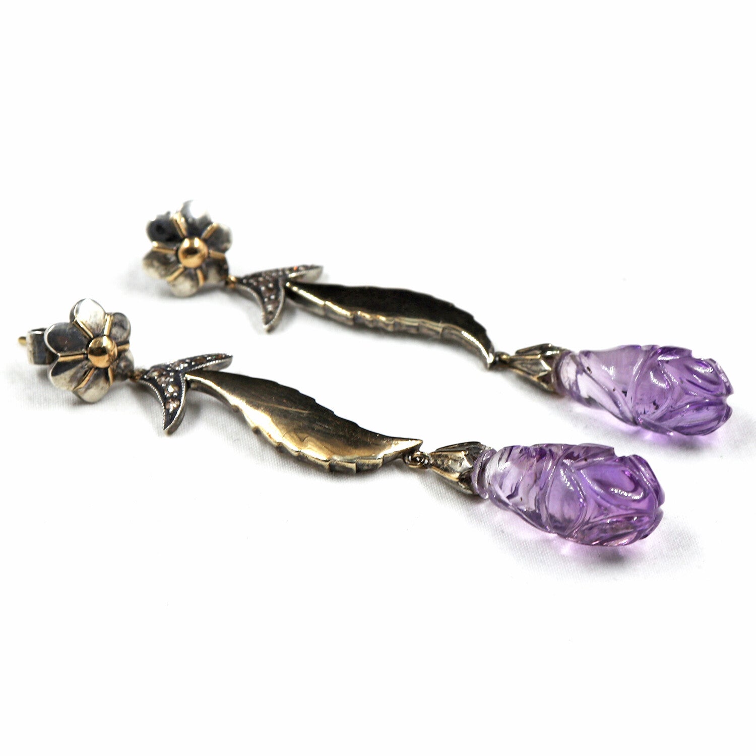 Victorian 18k Gold & 925 Sterling Silver Amethyst 10ct Natural Diamond Earring