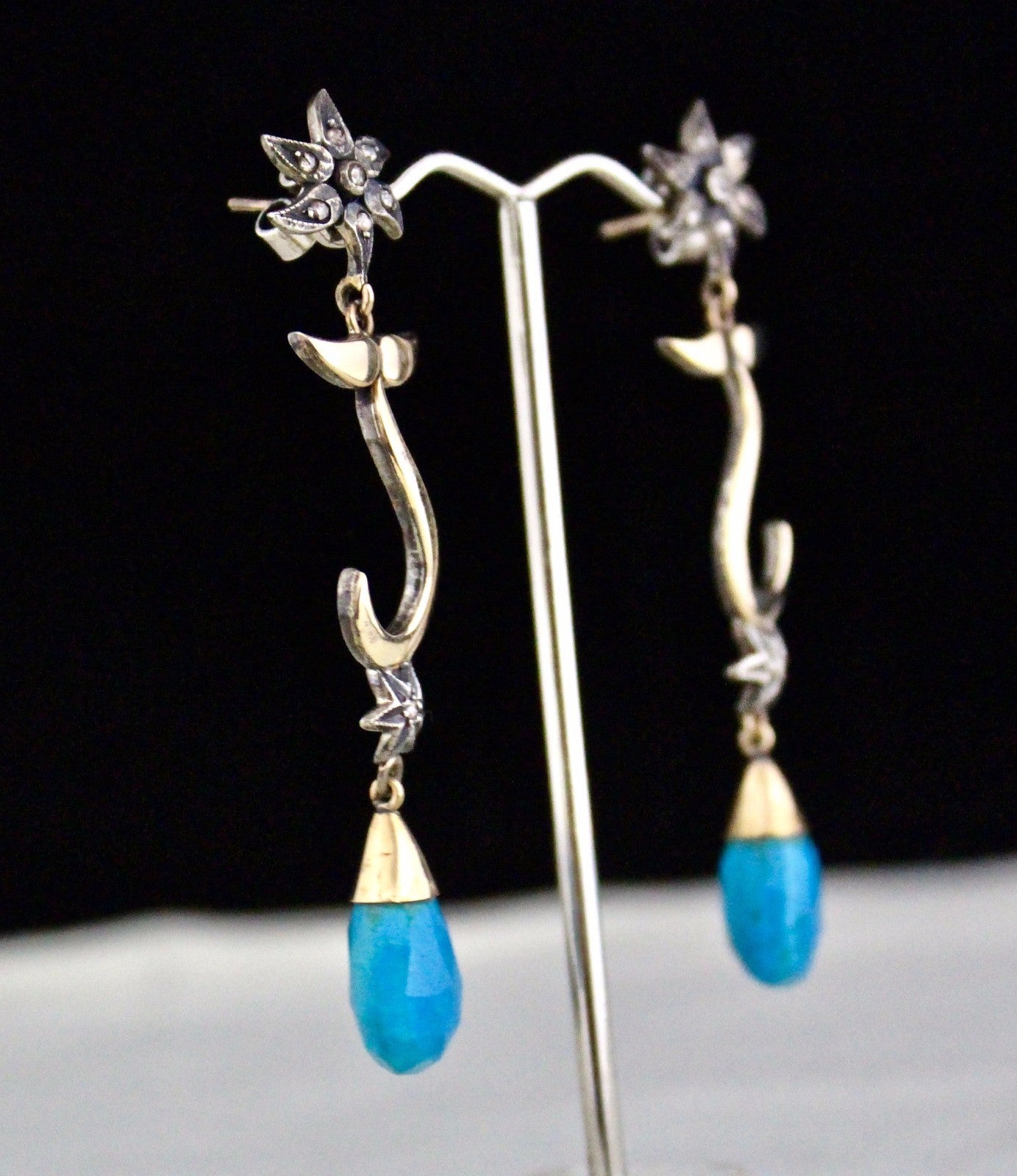 Victorian 18k Yellow Gold Silver Blue Turquoise 10ct Natural Diamond Earrings