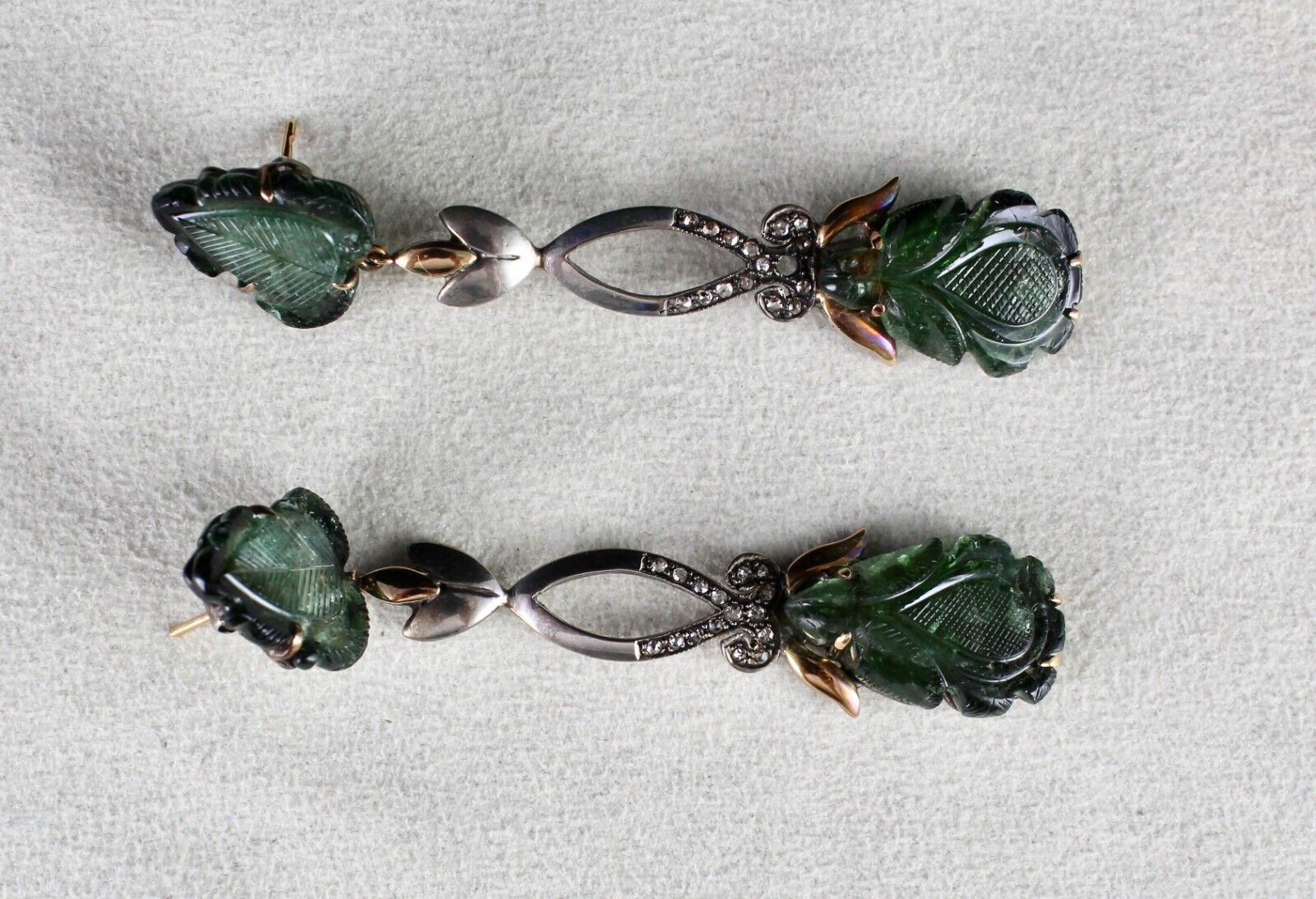 Natural Green Tourmaline Stone Diamond 18k Gold Silver Dangle Victorian Earring