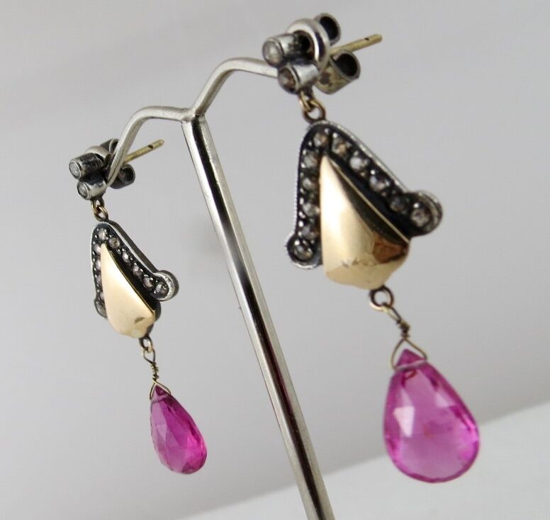 Silver Victorian Dangle Earring Studded Natural Pink Tourmaline Diamond 18k Gold