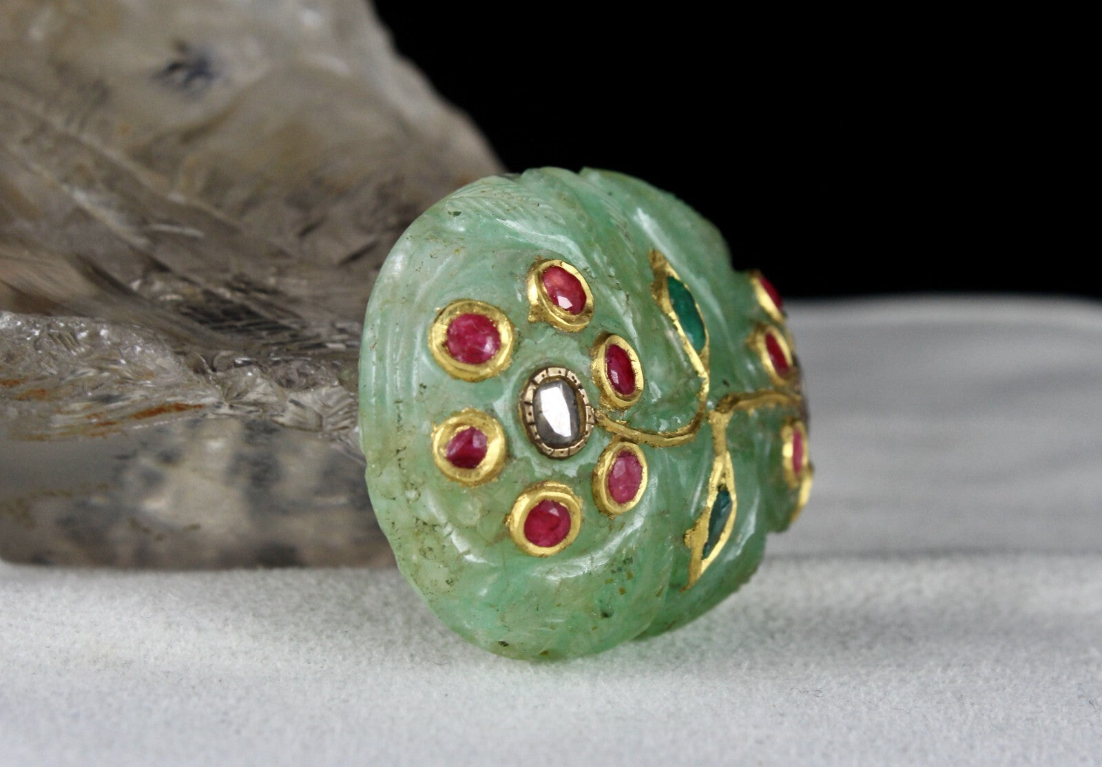 Certified Mughal Emerald Quartz 10ct Carved Natural Diamond Ruby Gold Pendant