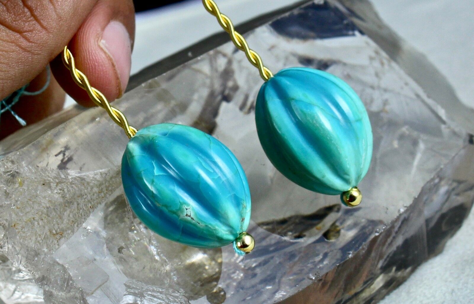 Natural Real Turquoise Beads Carved Melon Pair 94.60 Ct Gemstone For Earring