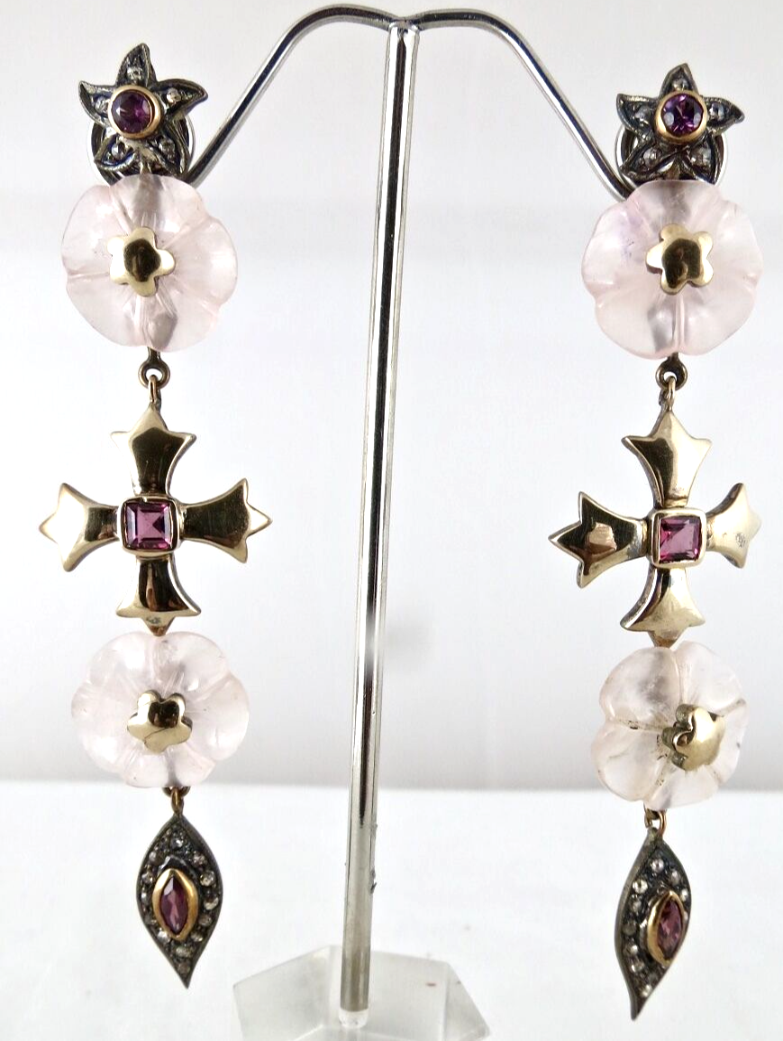 Natural Rose Quartz Carved Garnet Diamond 18K Gold 925 Silver Victorian Earring