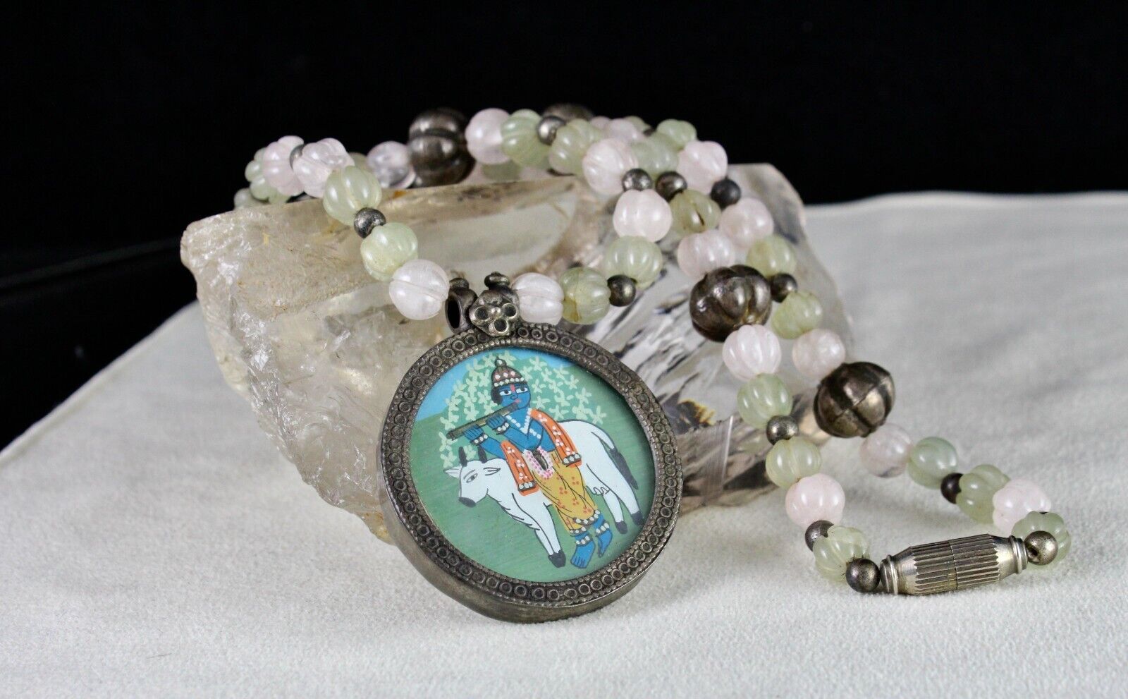 Old Krishna Painting Silver Pendant Rose Quartz Jade Carved Stone Beads Necklace