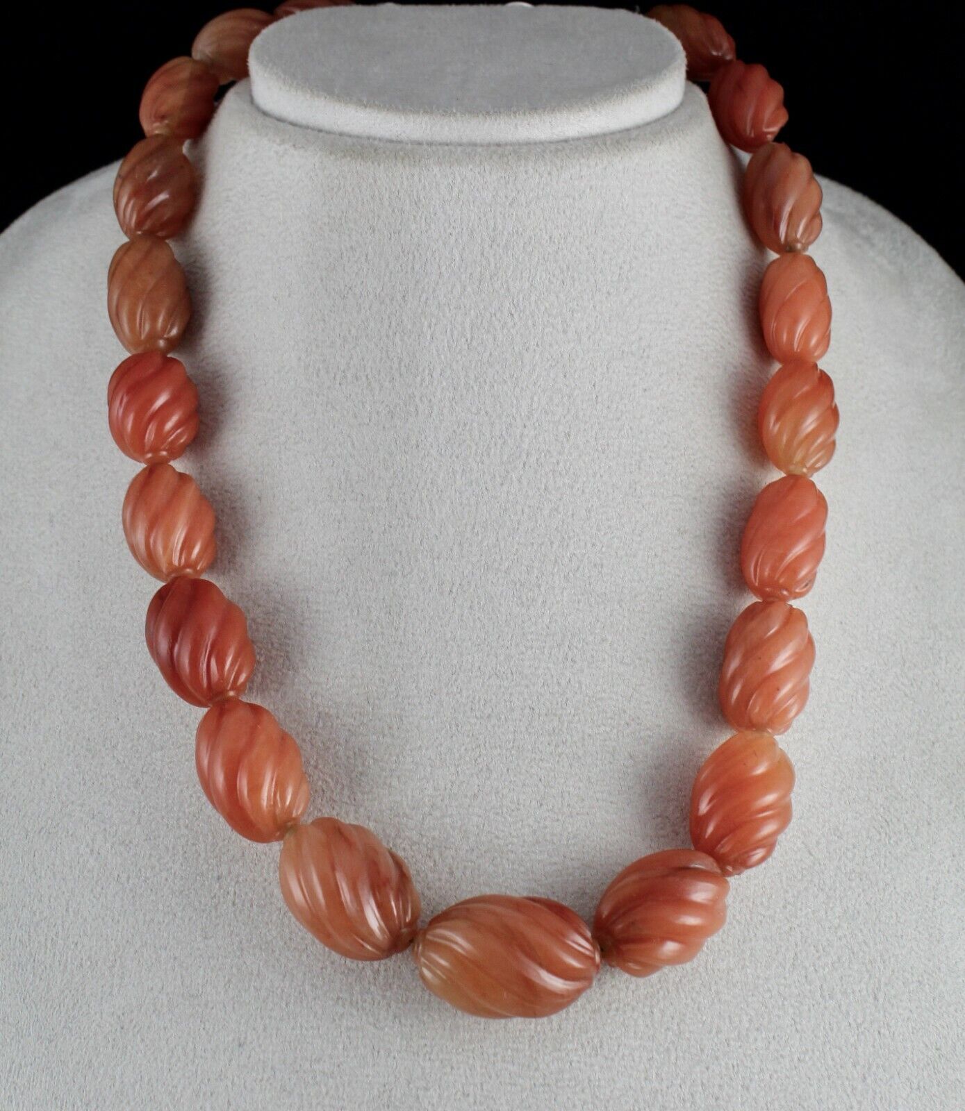 NATURAL ORANGE QUARTZ MELON CARVED BEADS 1 L 856 CARATS GEMSTONE SILVER NECKLACE
