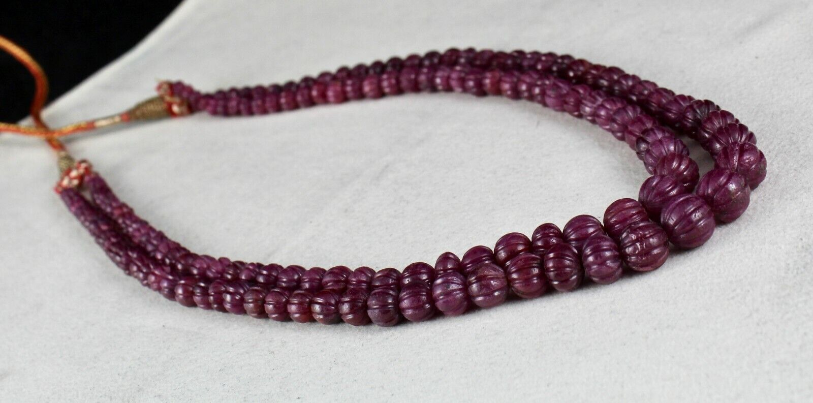 FINE NATURAL RUBY BEADS CARVED MELON 2 LINE 403 CARAT PRECIOUS GEMSTONE NECKLACE