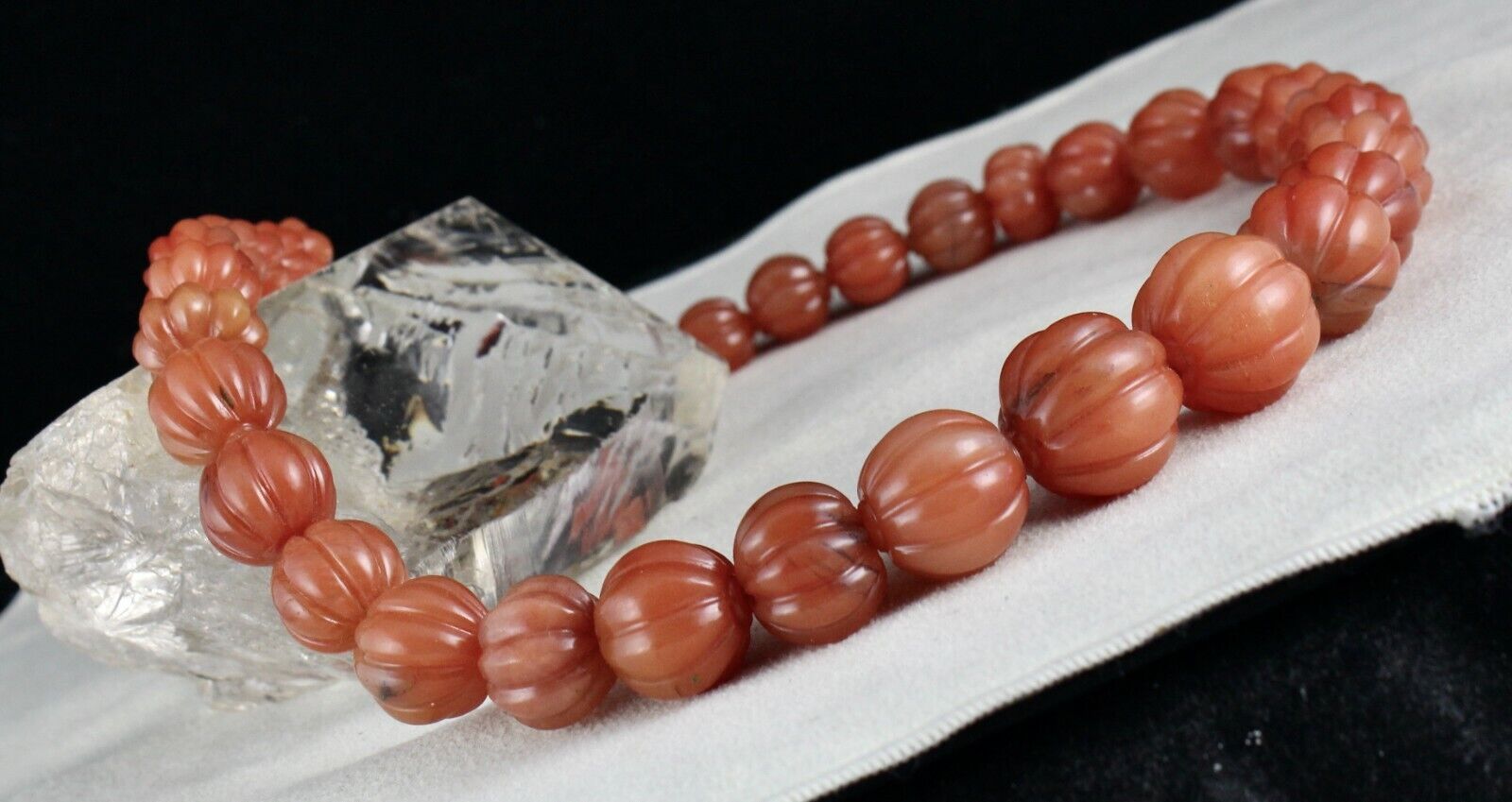 Natural Orange Quartz Carved Melon Beaded Necklace 960 Carats Stone Silver Clasp