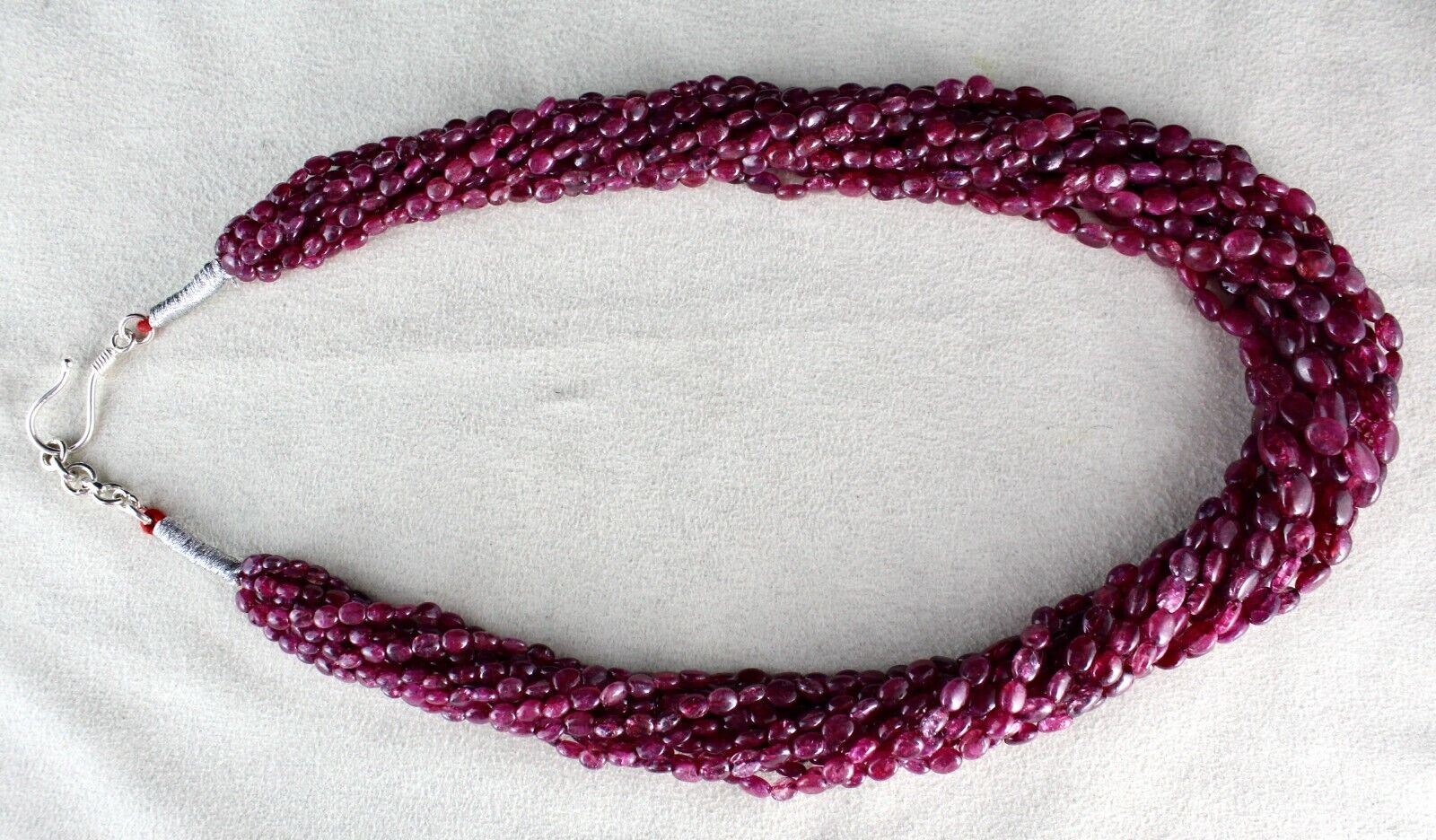 RUBY CORUNDUM BEADS LONG 11 LINE 850 CARATS OLD DYED GEMSTONE SILVER NECKLACE