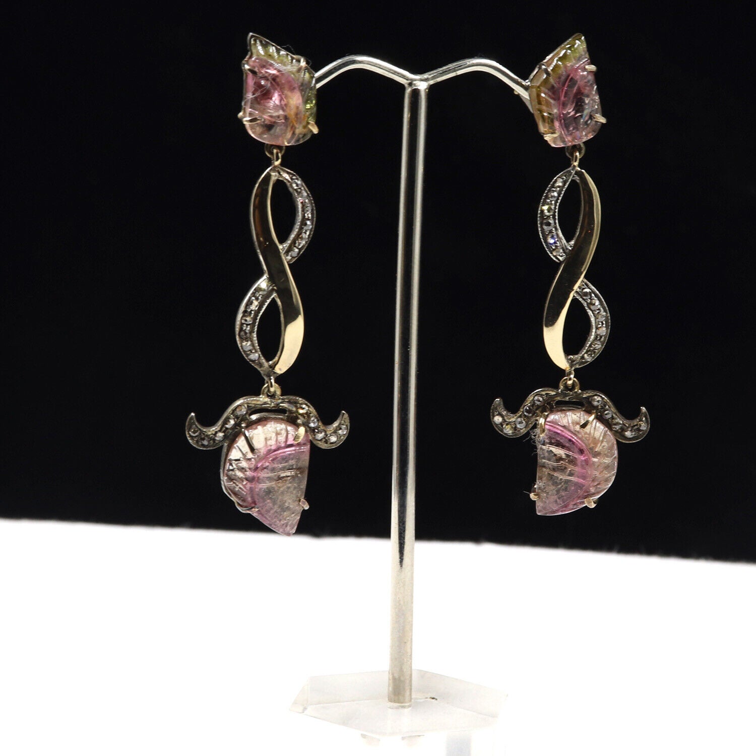 NATURAL BI COLOR TOURMALINE CARVED DIAMOND 18K GOLD 925 SILVER VICTORIAN EARRING