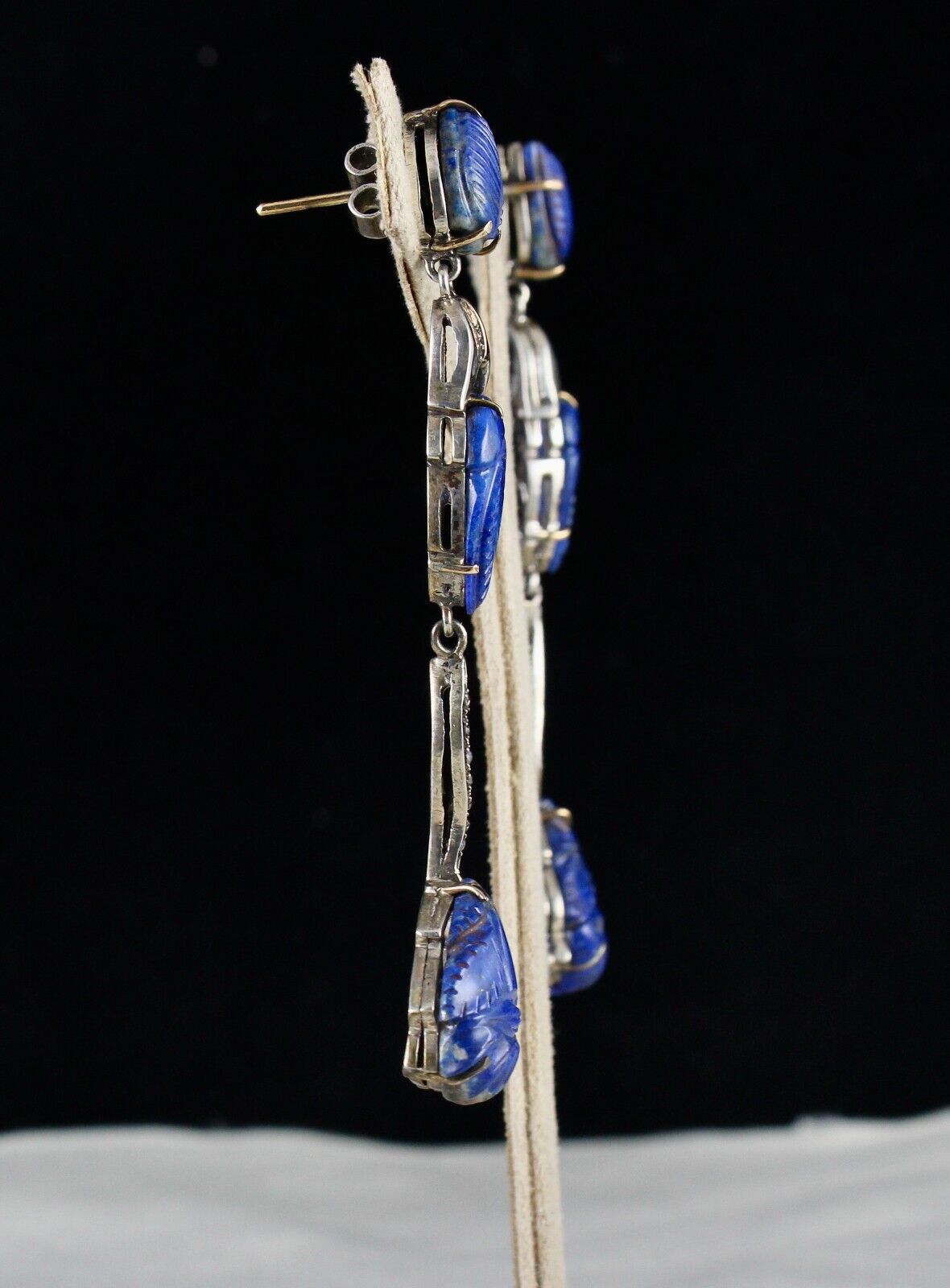 NATURAL LAPIS LAZULI CARVED LEAF DIAMOND 18K GOLD 925 SILVER VICTORIAN EARRING