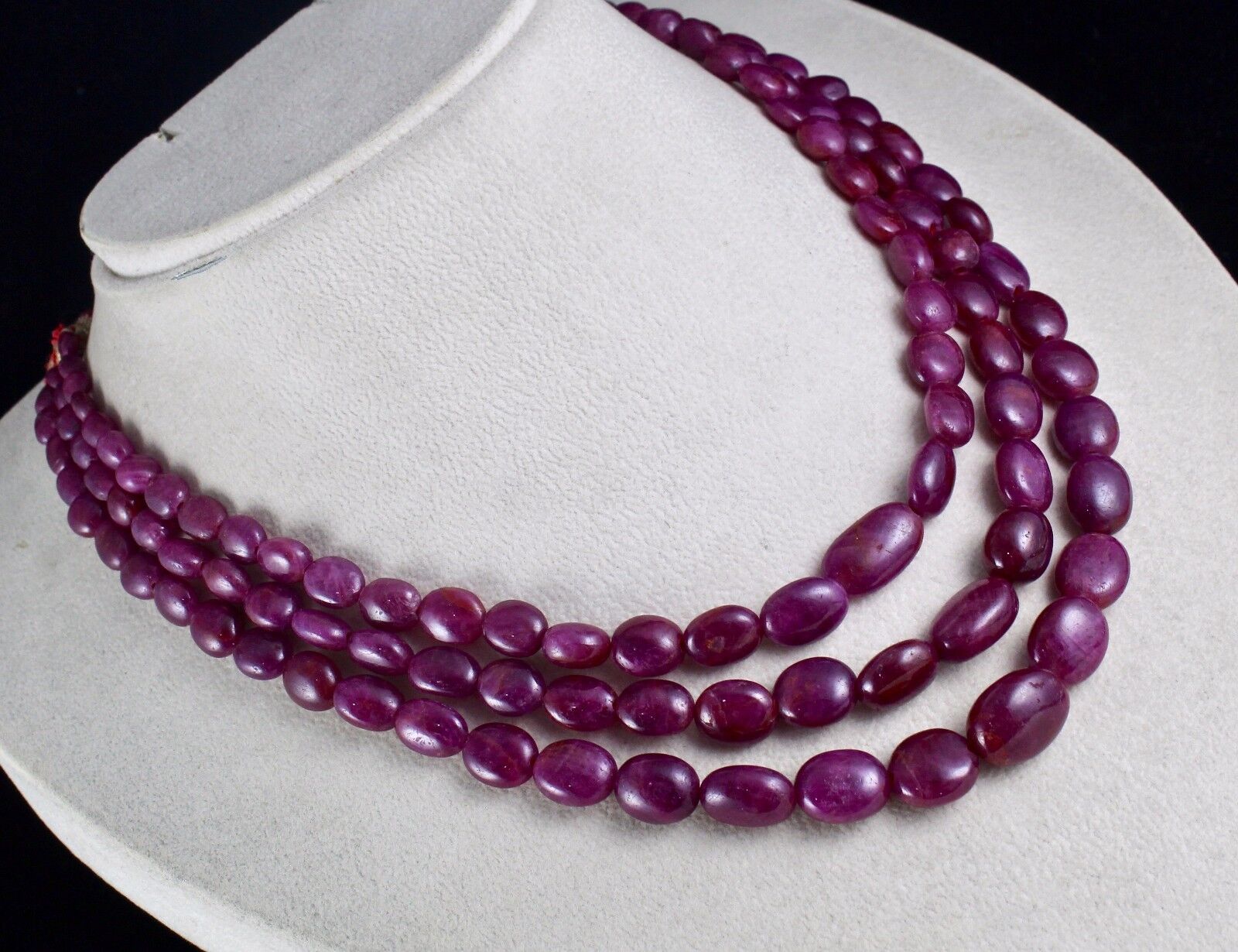 NATURAL UNTREATED RED RUBY BEADS CABOCHON 3 LINE 595 CARATS GEMSTONE NECKLACE