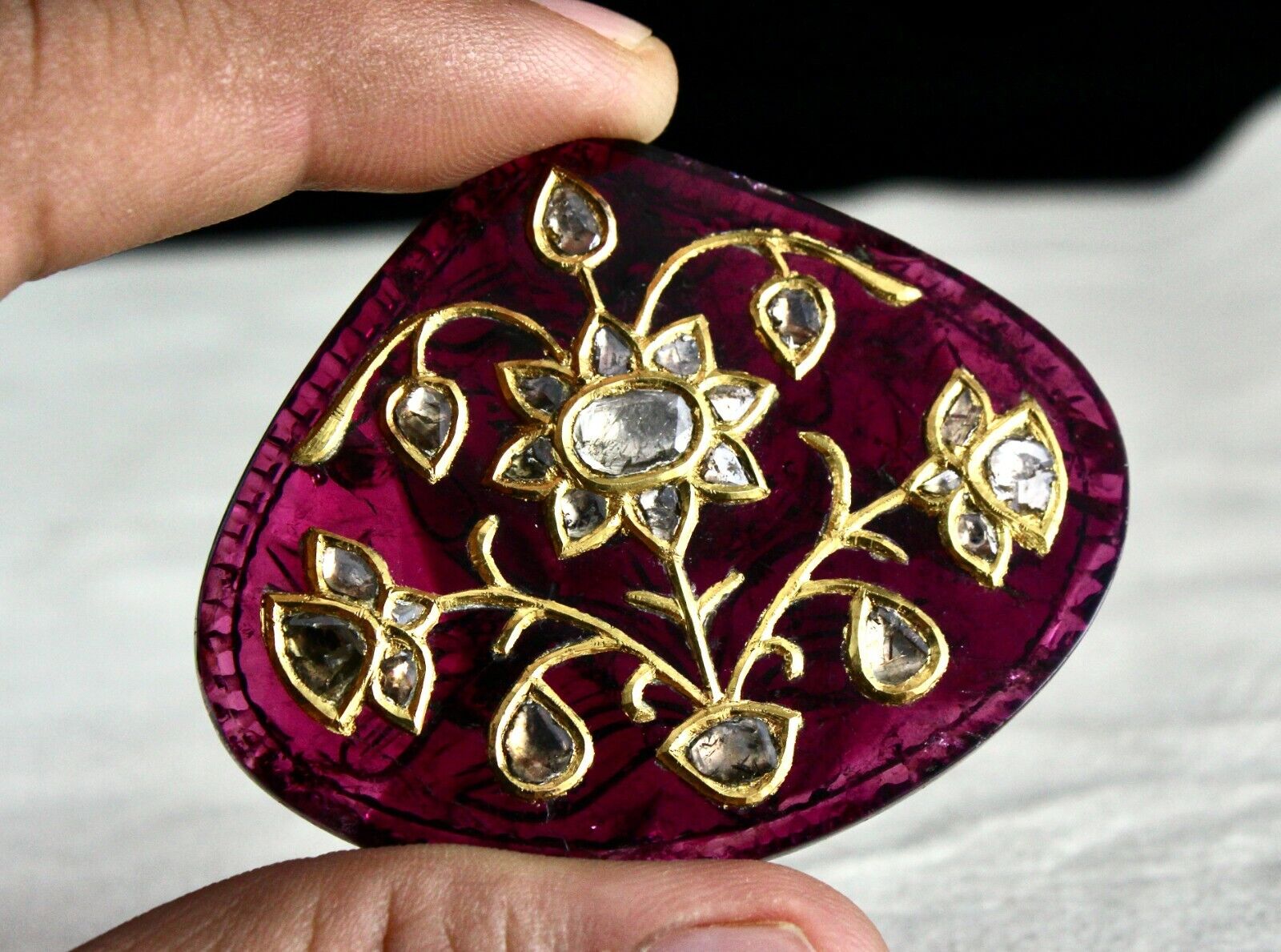 PINK TOURMALINE RUBELLITE DIAMOND 22K GOLD JADAU GEMSTONE PENDANT EARRING DESIGN
