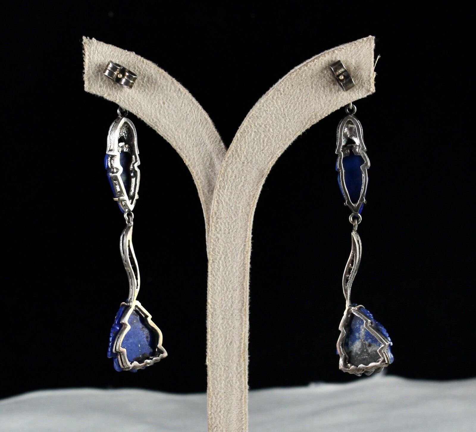 NATURAL LAPIS LAZULI CARVED LEAF DIAMOND 18K GOLD 925 SILVER VICTORIAN EARRING