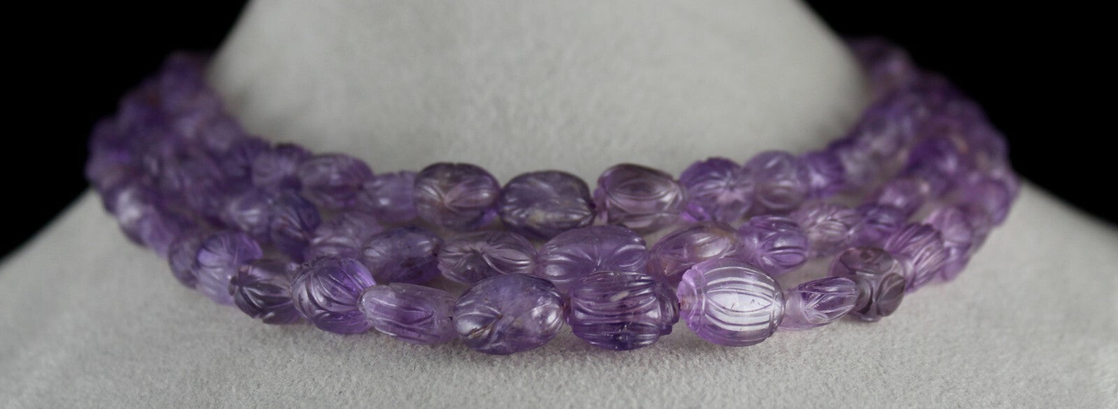 Antique Carved Amethyst Beads Necklace 716 Ct Sterling Silver 3 Line Gemstone