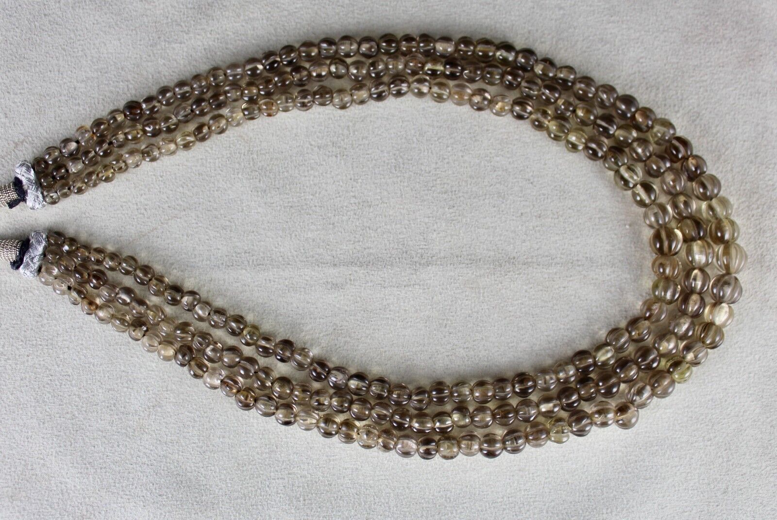 Natural Smoky Quartz Beads Carved Melon 3 L 485 Carats Antique Gemstone Necklace