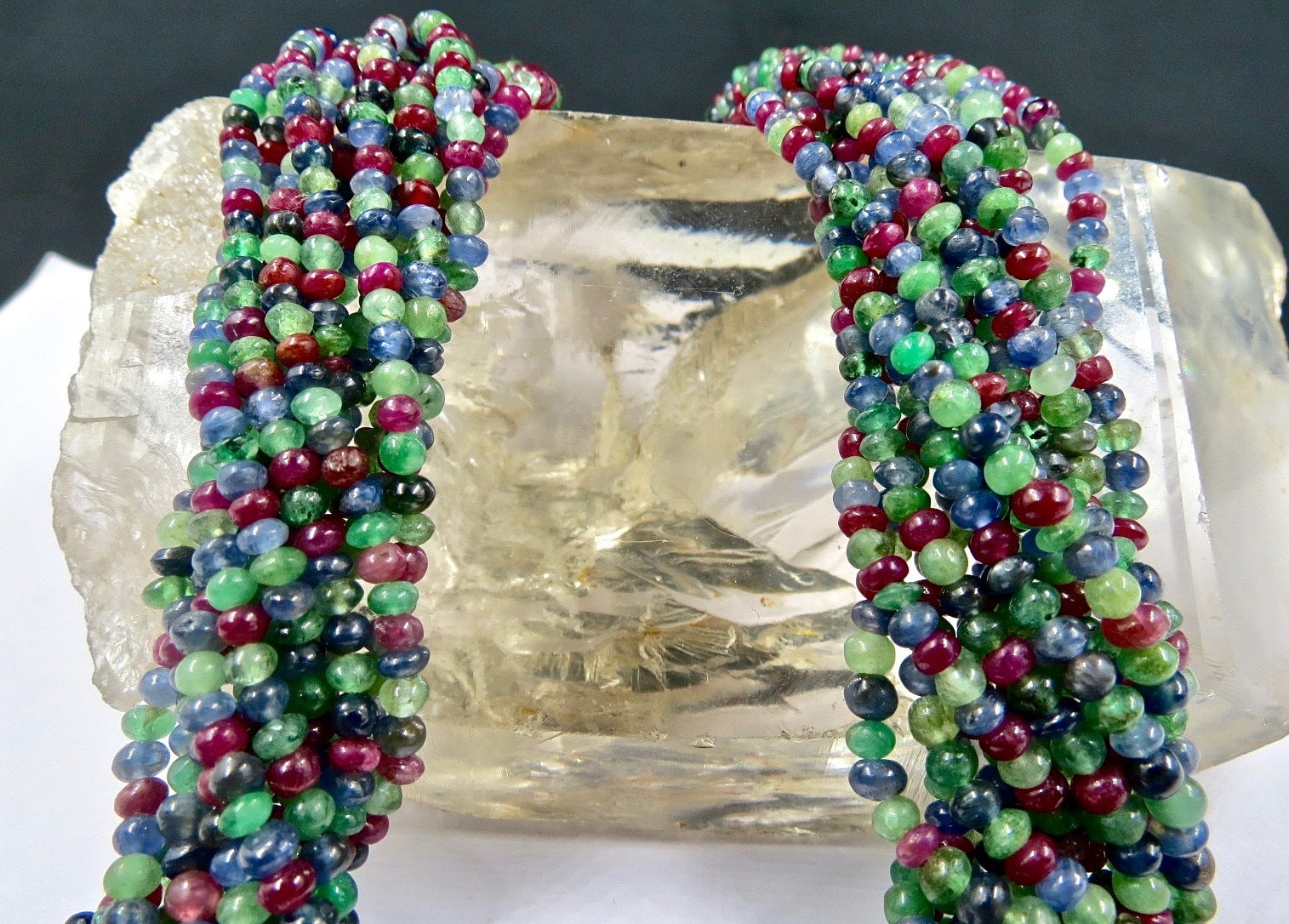 Certified Natural Emerald Ruby Sapphire Beads Necklace Multi Round 604ct 12l