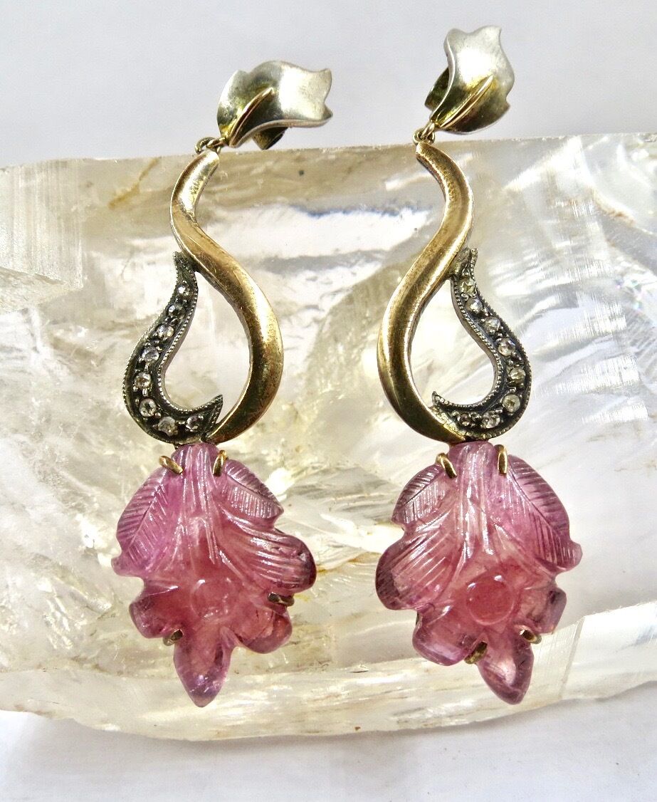 NATURAL PINK TOURMALINE CARVED DIAMOND 18K GOLD 925 SILVER VICTORIAN EARRING