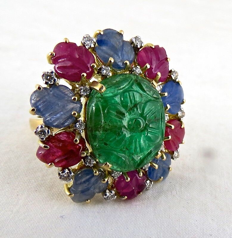 Natural Untreated Emerald Ruby Blue Sapphire Carved Diamond 18K Gold Fine Ring