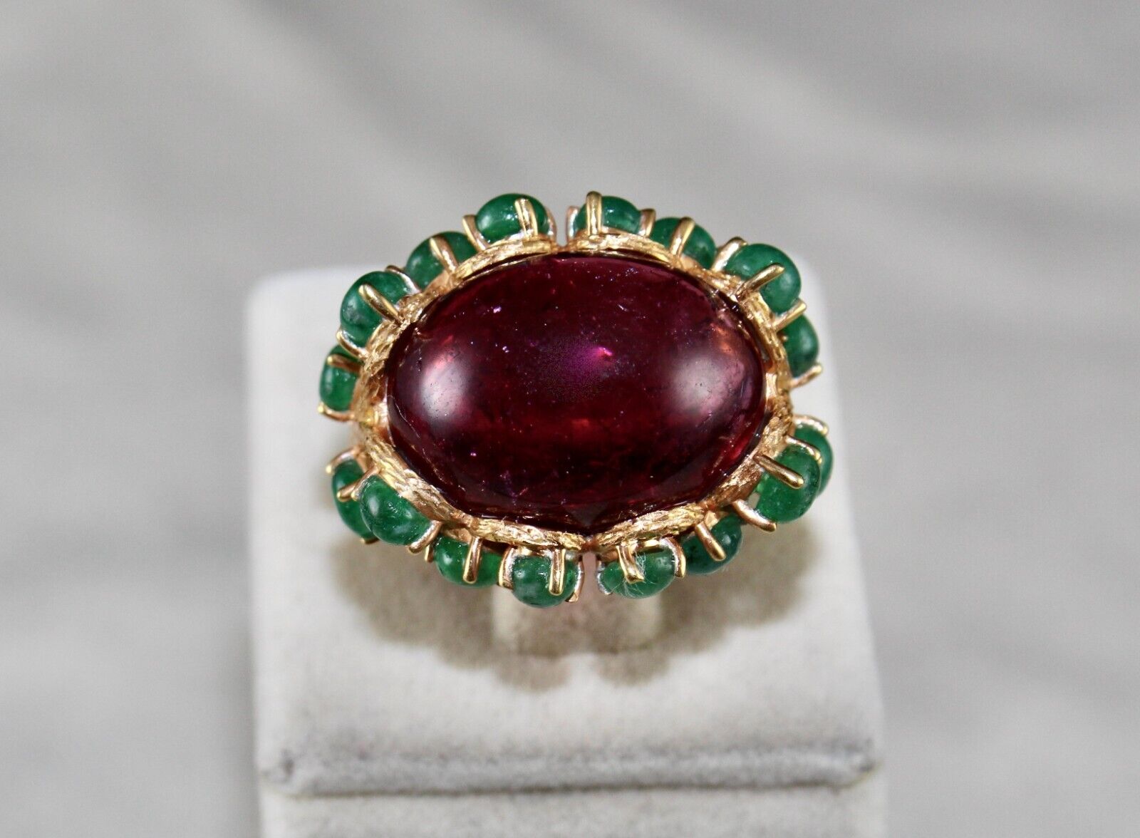 UNIQUE NATURAL PINK TOURMALINE EMERALD CABOCHON CARVED SILVER GOLD PLATED RING