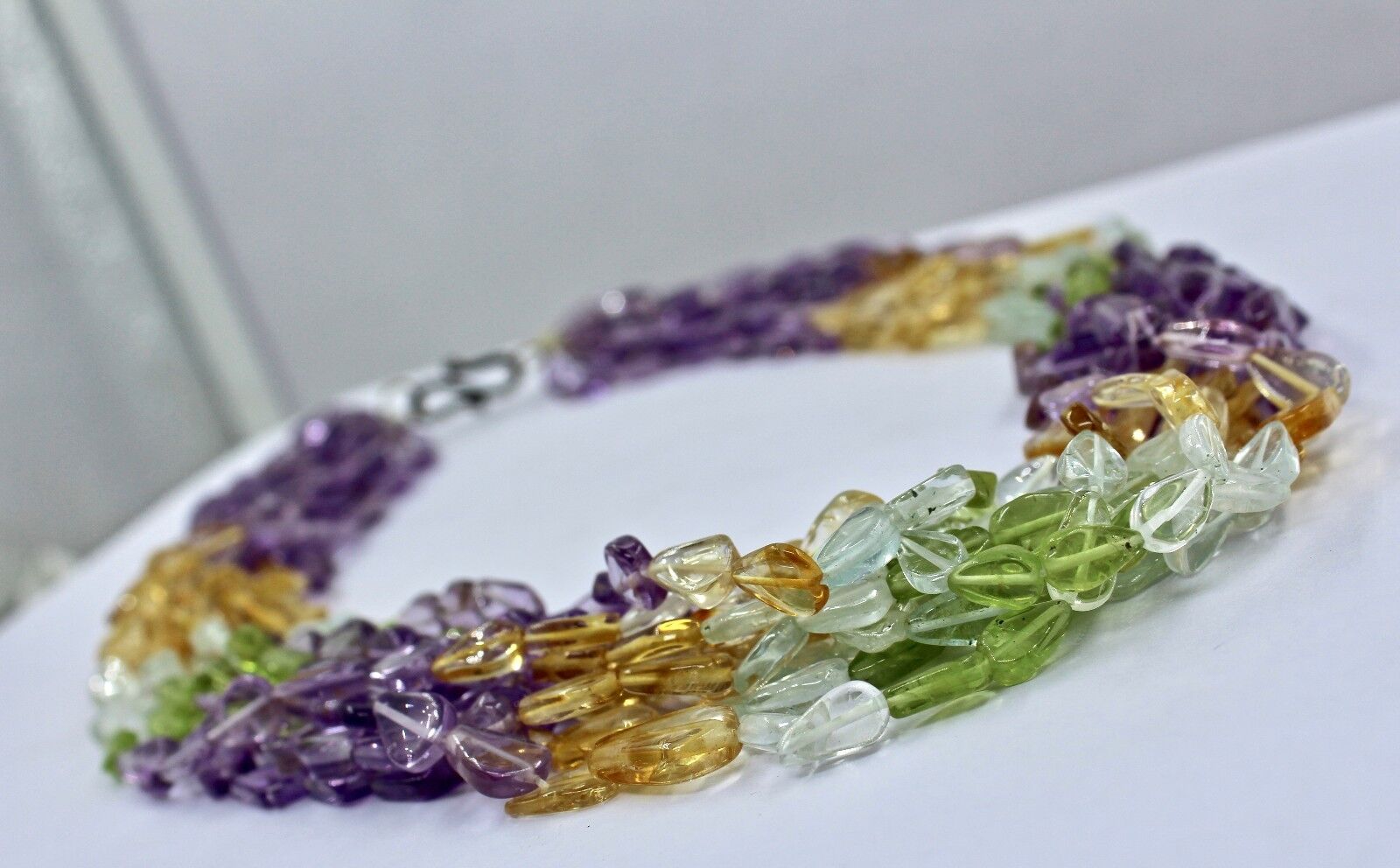 MULTI COLOUR PERIDOT CITRINE AMETHYST 10 LINE 18" GEMSTONE FANCY BEADS NECKLACE
