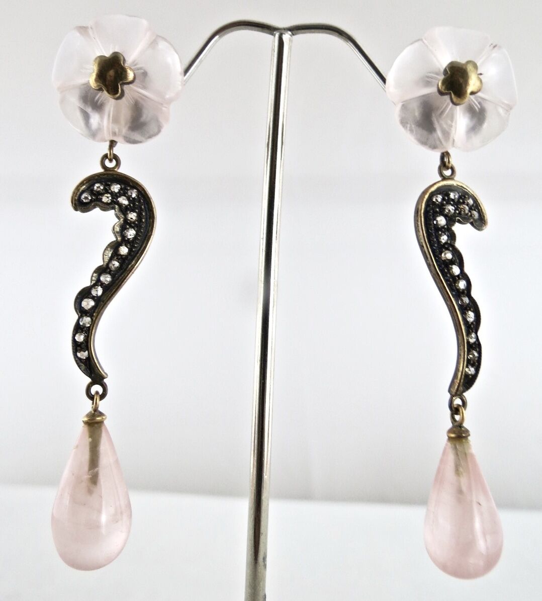 NATURAL ROSE QUARTZ CARVED FLOWER DIAMOND 18 K GOLD 925 SILVER VICTORIAN EARRING