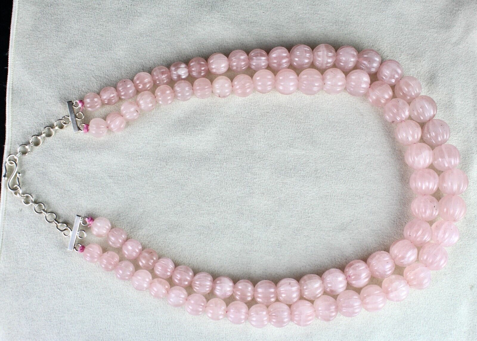 Vintage Natural Rose Quartz Melon Carved Beads 1436 Ct Gemstone Silver Necklace