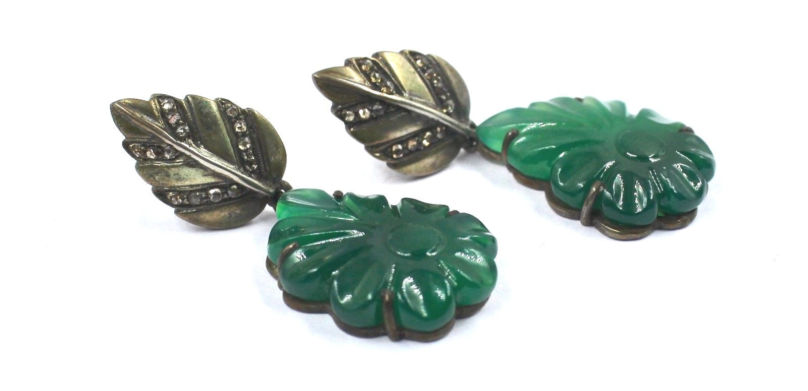 Green Onyx 10ct Carved Flower Natural Diamond In Sterling Silver Earrings