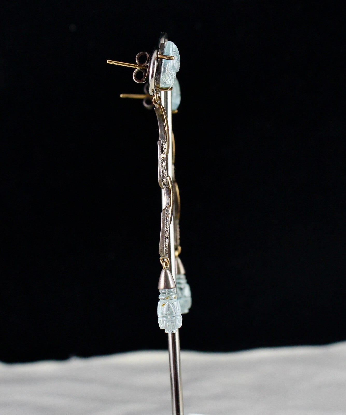 Natural Blue Aquamarine 10ct Carved Natural Diamond 18k Gold 925 Silver Earrings