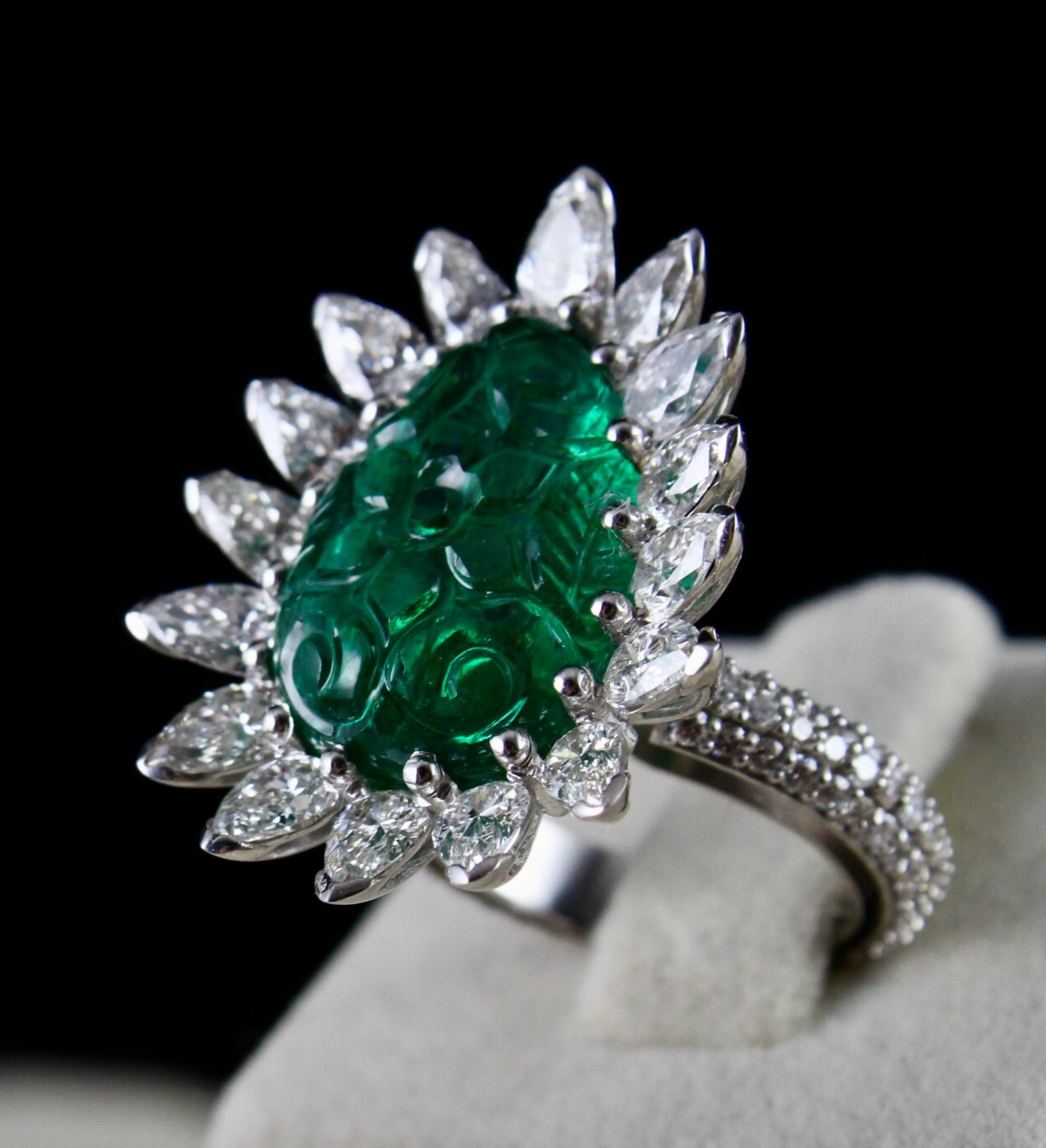 Certified Natural Zambian Emerald Carved Pear Natural Diamond 18k cocktail Ring