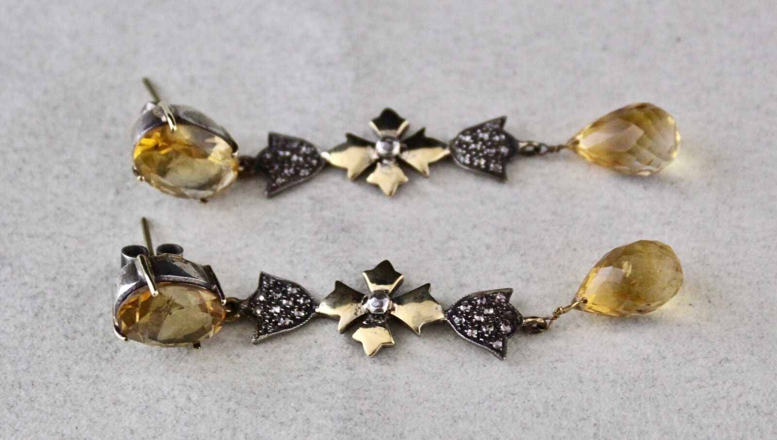YELLOW CITRINE CUT DROP GEMSTONE DIAMOND 18K GOLD 925 SILVER VICTORIAN